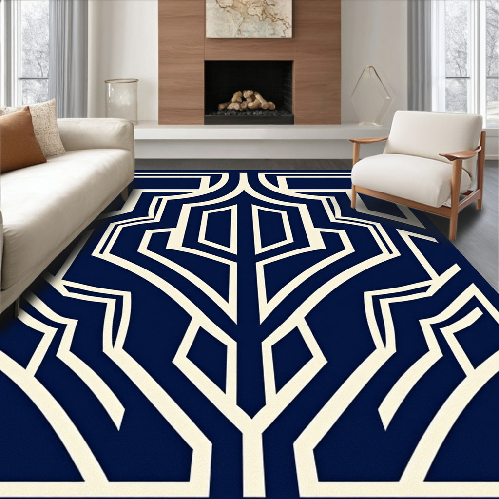 Navy and Cream Geometric Deco Design Rug