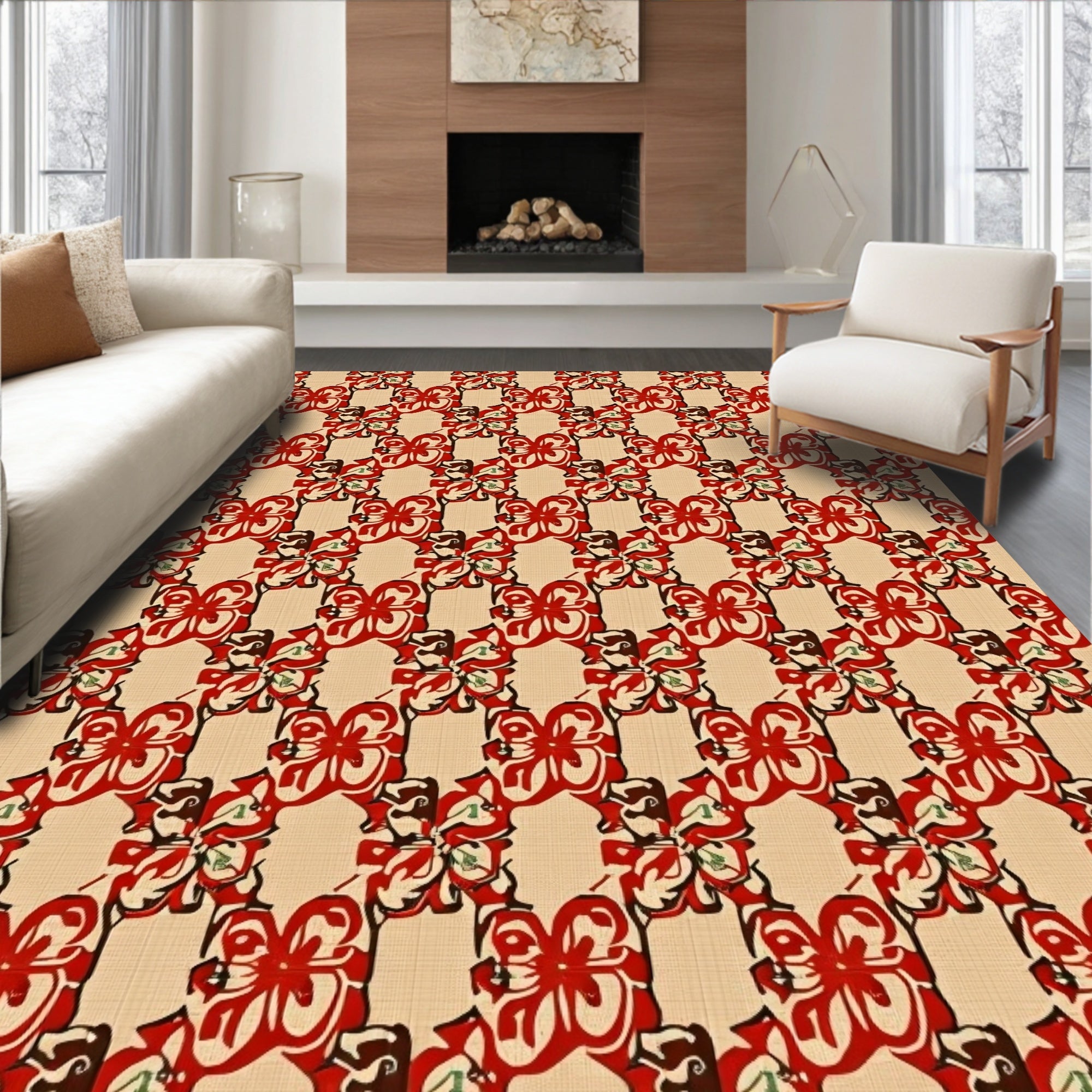 Classic Red Cream Floral Pattern Rug