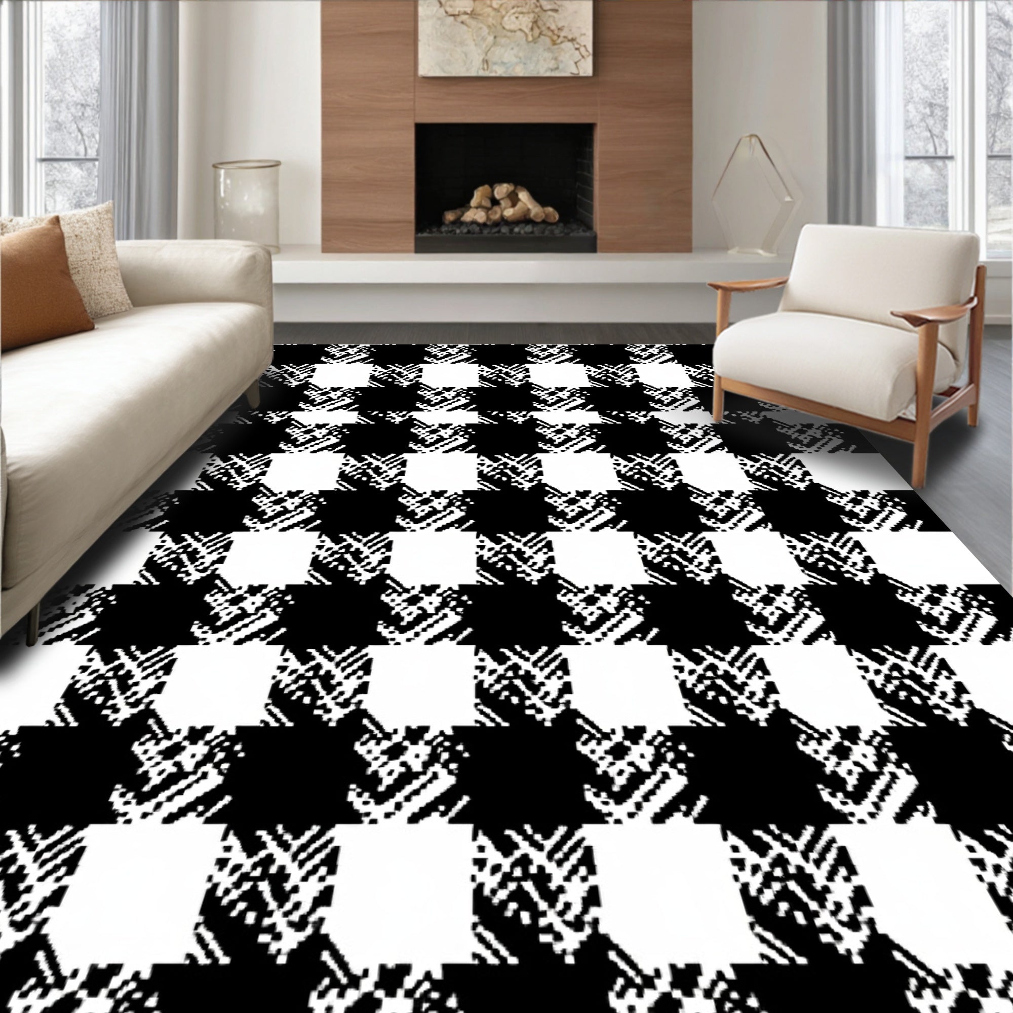 Bold Black White Gingham Check Rug