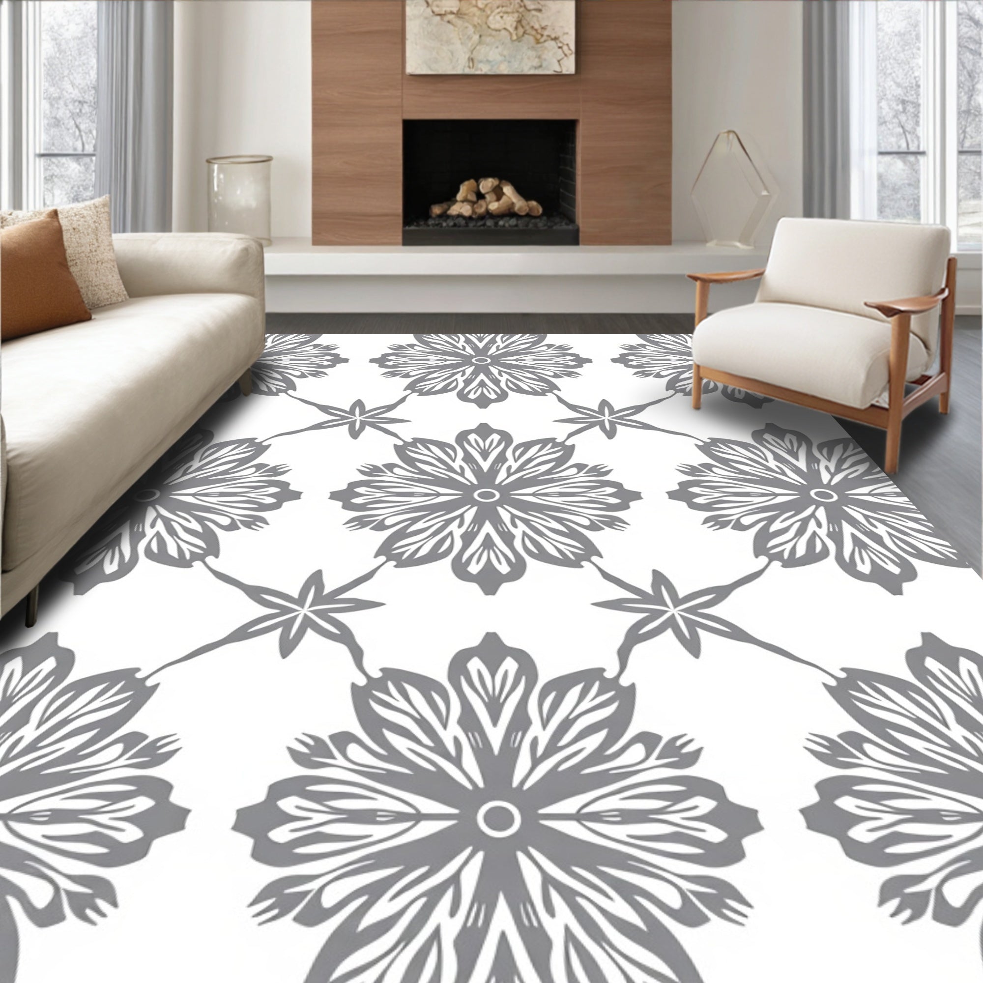 Grey Floral Stylized Pattern Design Rug