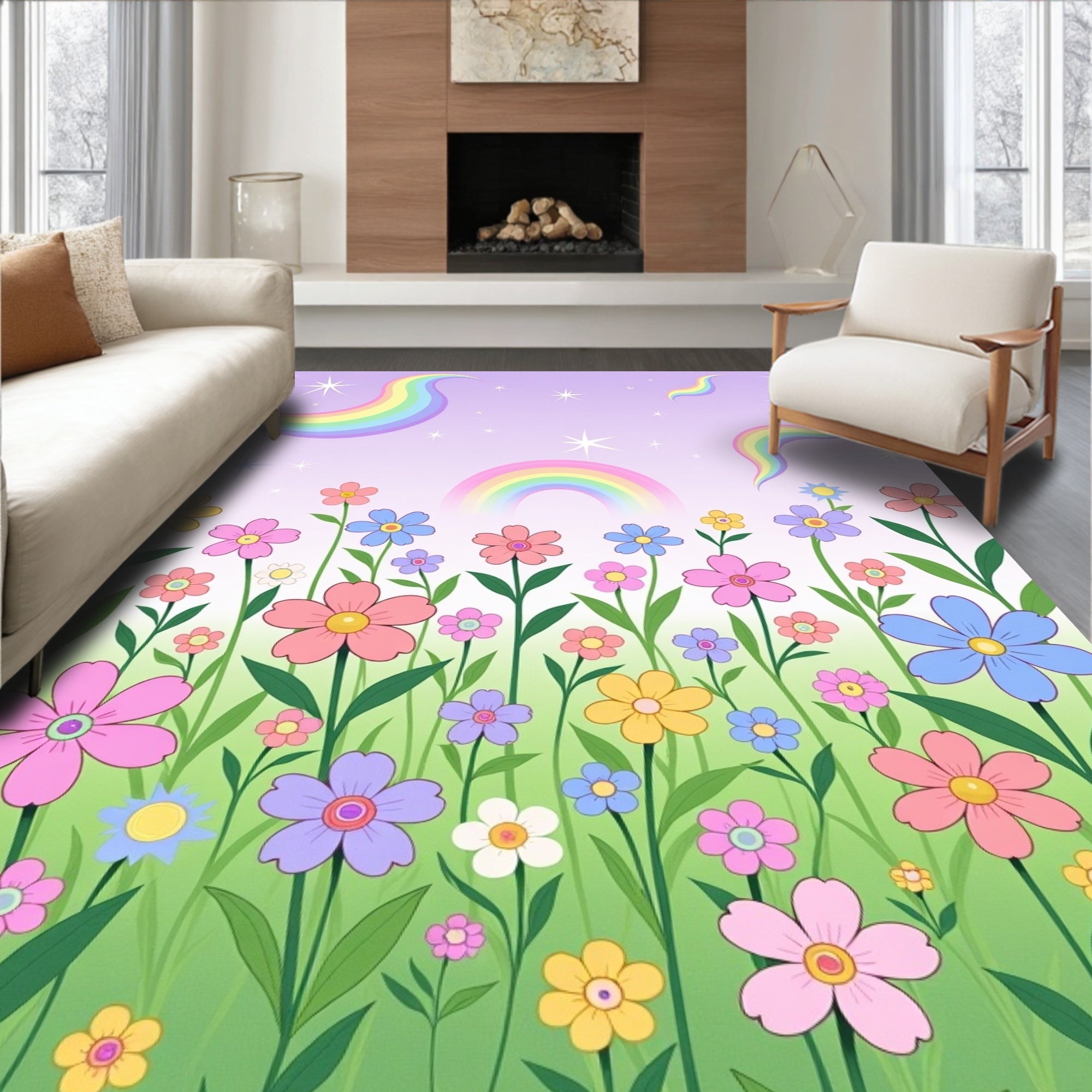 Whimsical Rainbow Floral Meadow Design Rug