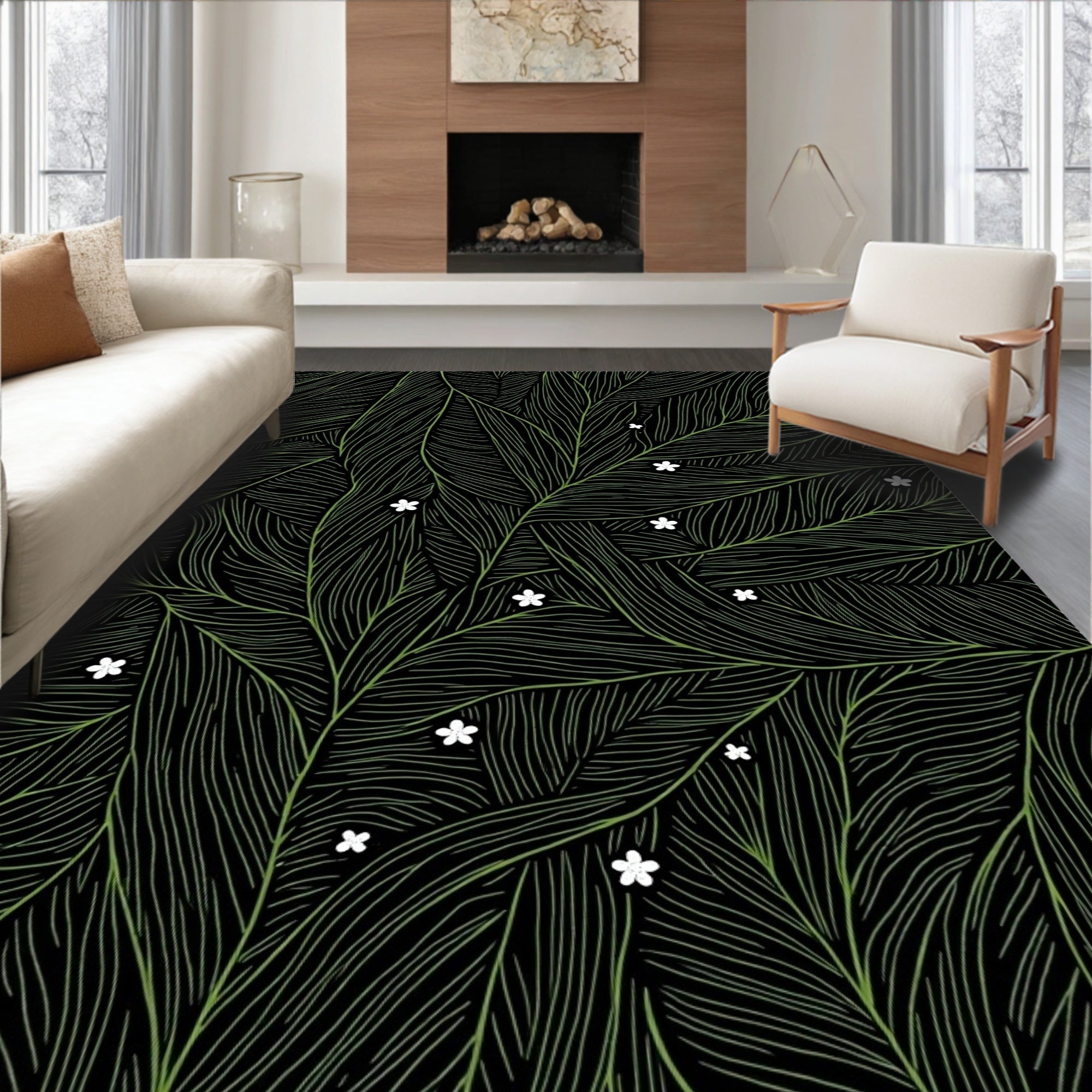 Lush Green Leaf Pattern with White Flowers Rug