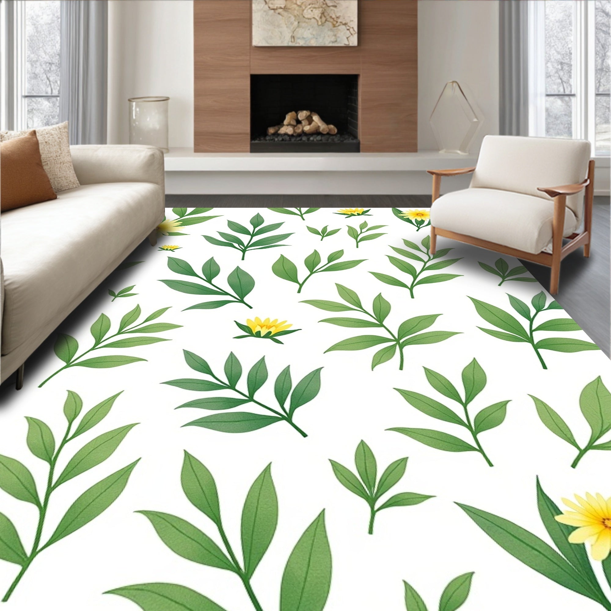 Yellow Flowers and Green Leaves Pattern Rug