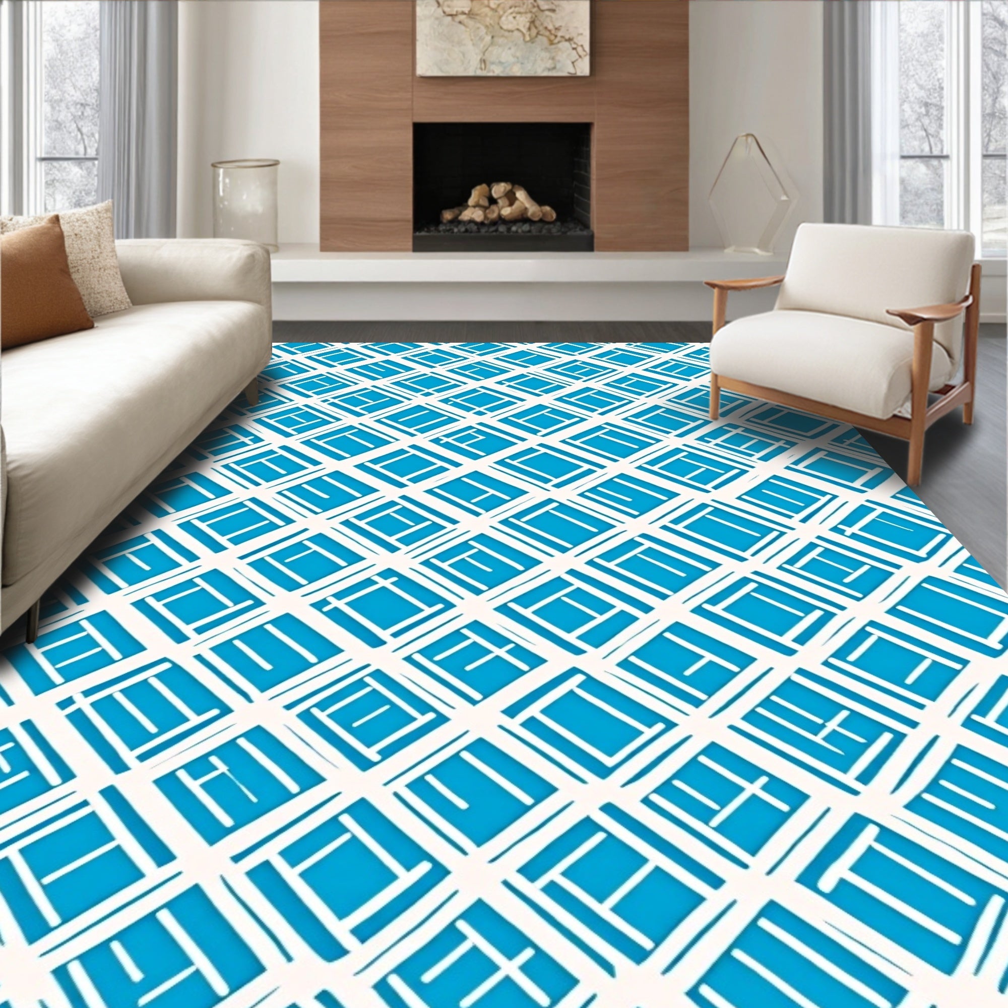 Retro Aqua White Geometric Pattern Rug