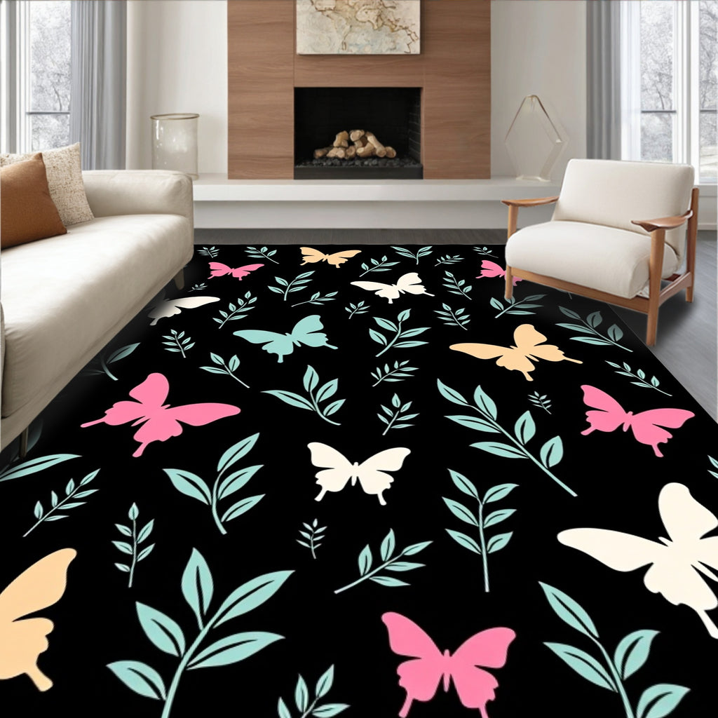 Whimsical Butterfly and Leaf Pattern Rug