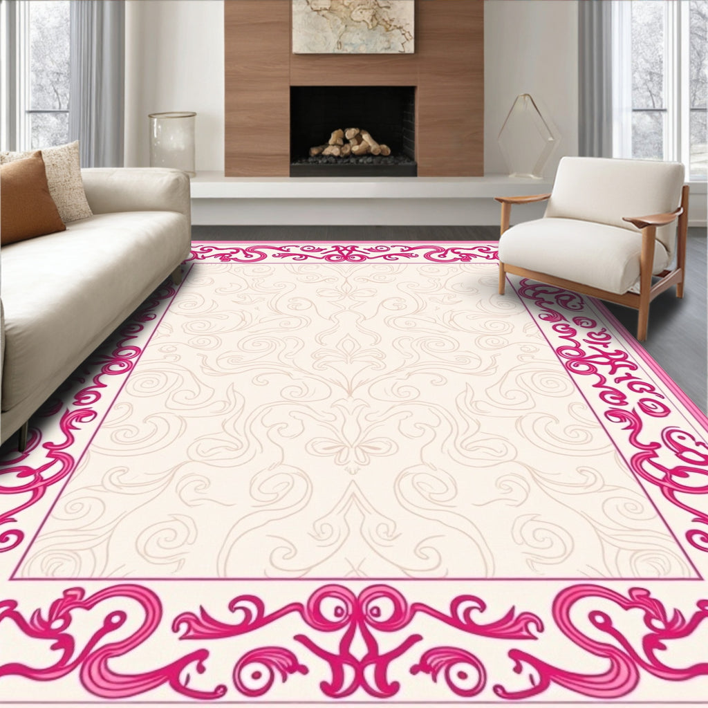 Ornate Pink Floral Scrollwork Border Rug