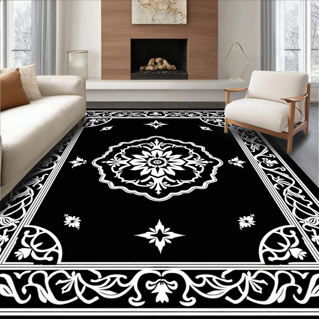 Elegant White Floral Scrollwork Rug