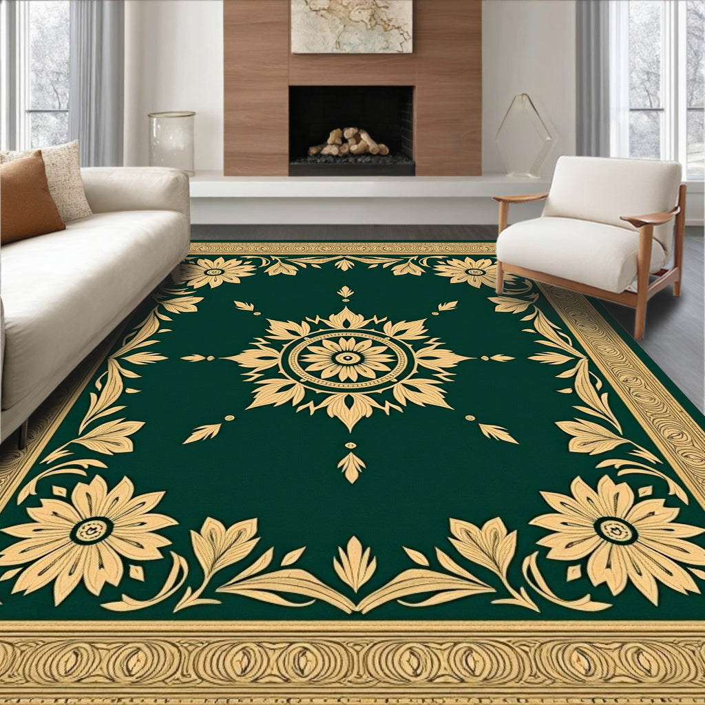Emerald Golden Floral Centerpiece Border Rug