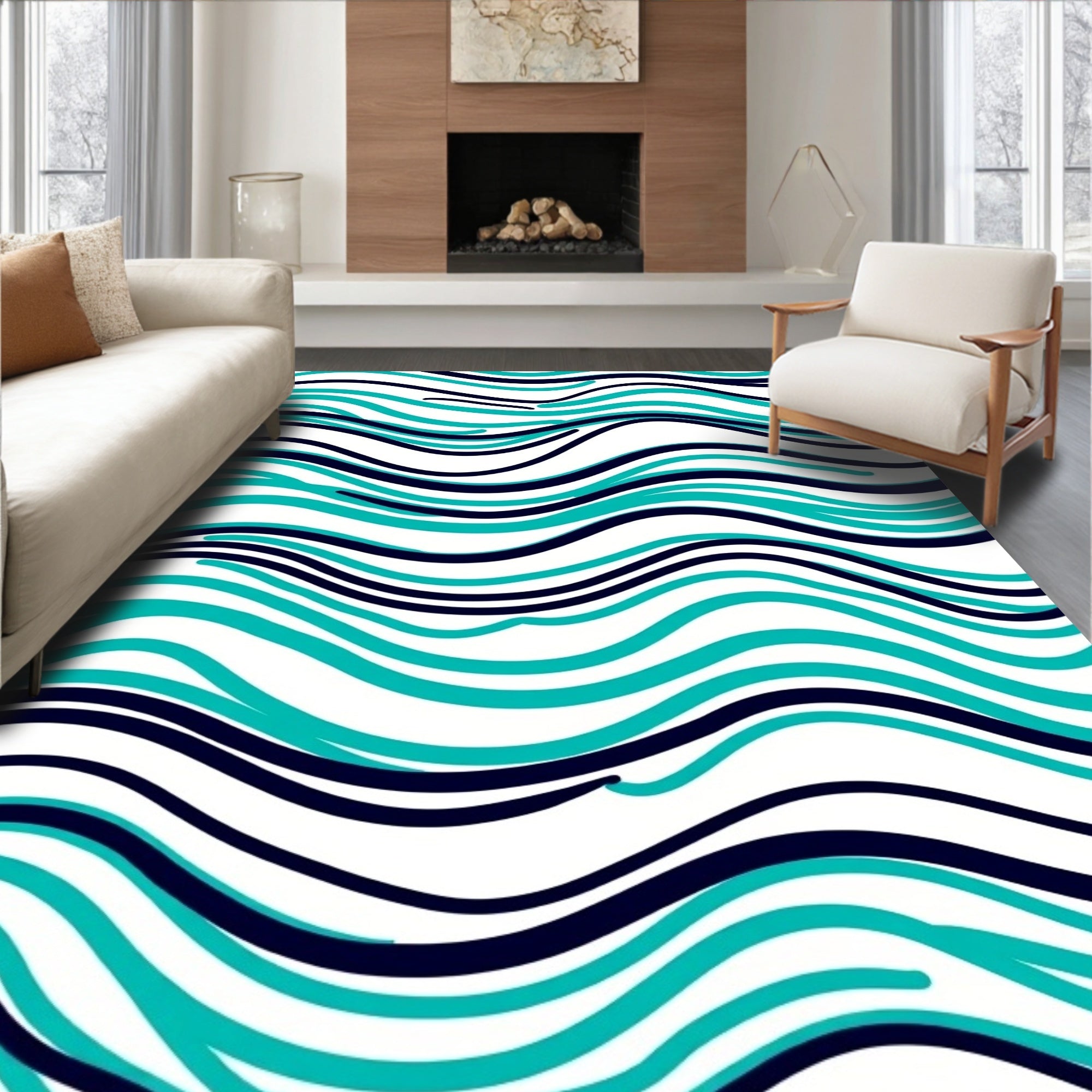 Aqua Navy Wavy Lines Pattern Rug