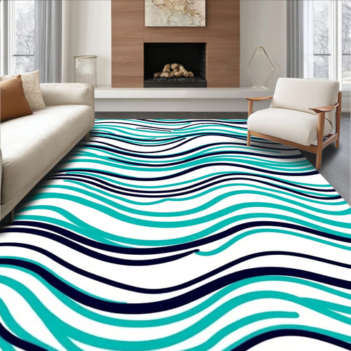 Aqua Navy Wavy Lines Pattern Rug