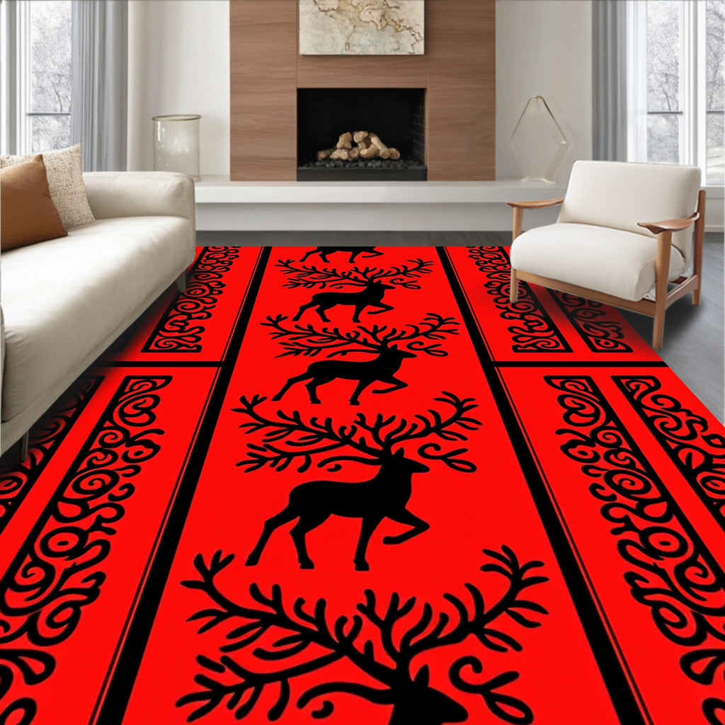 Red Black Deer Scroll Pattern Rug