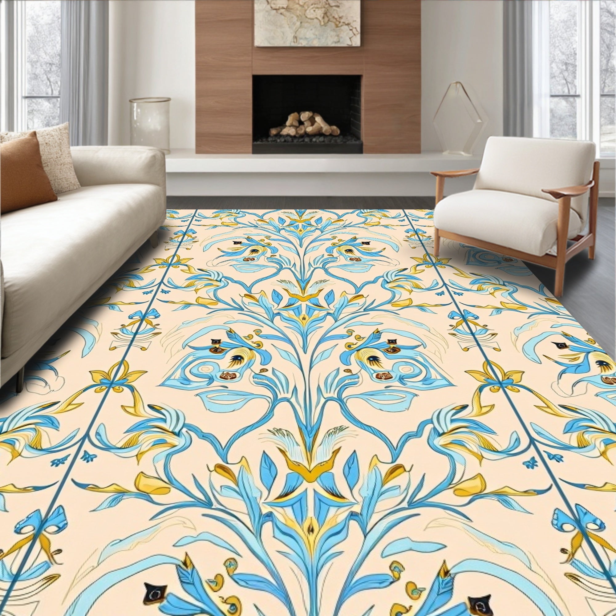Blue Yellow Floral Damask Pattern Rug