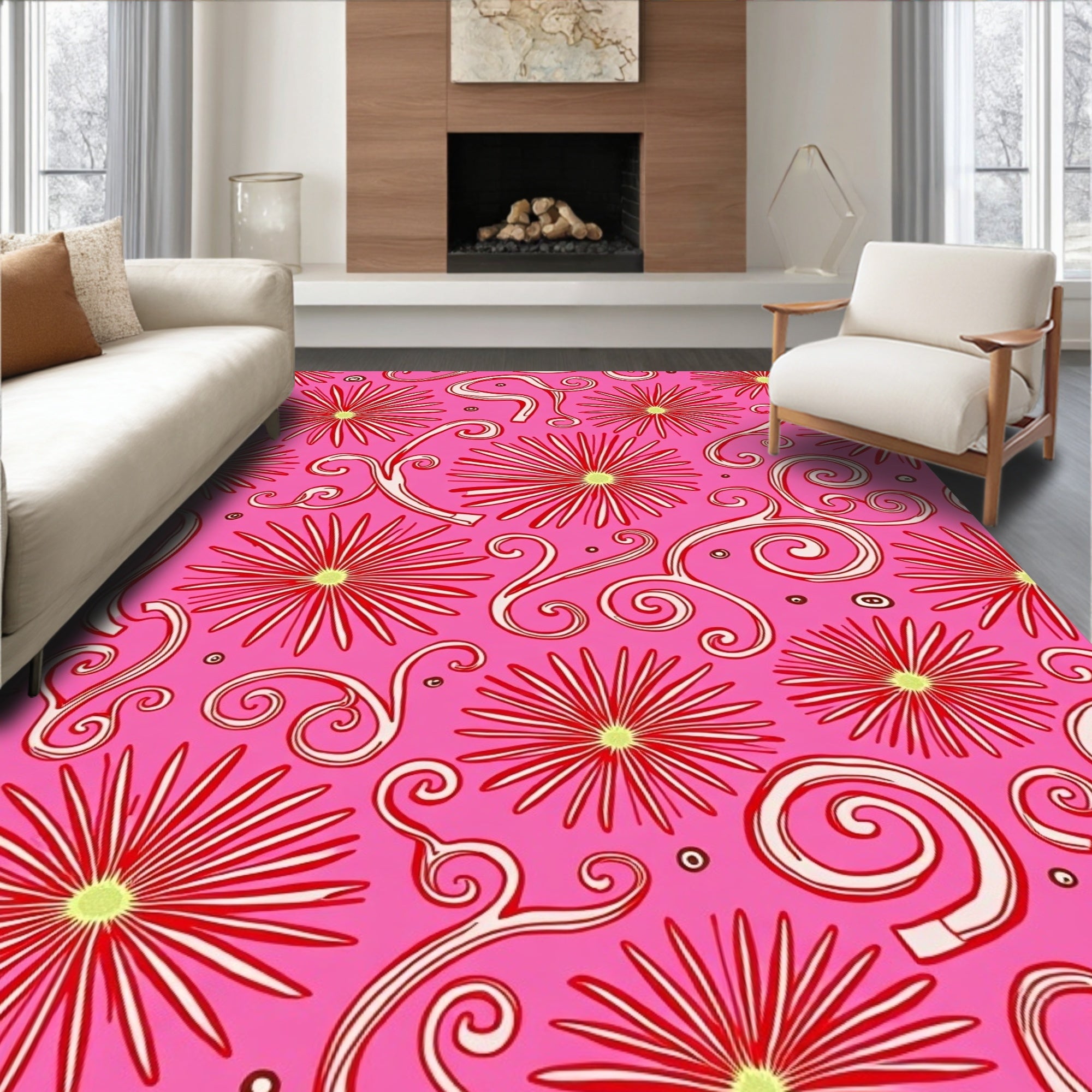 Pink Red Floral Swirls Rug