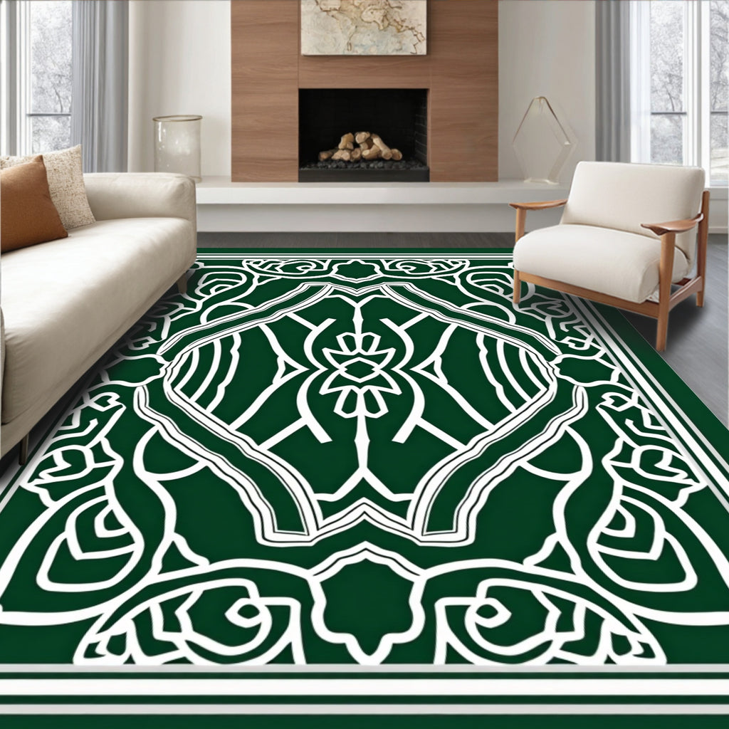 Dark Green White Classic Scroll Pattern Rug