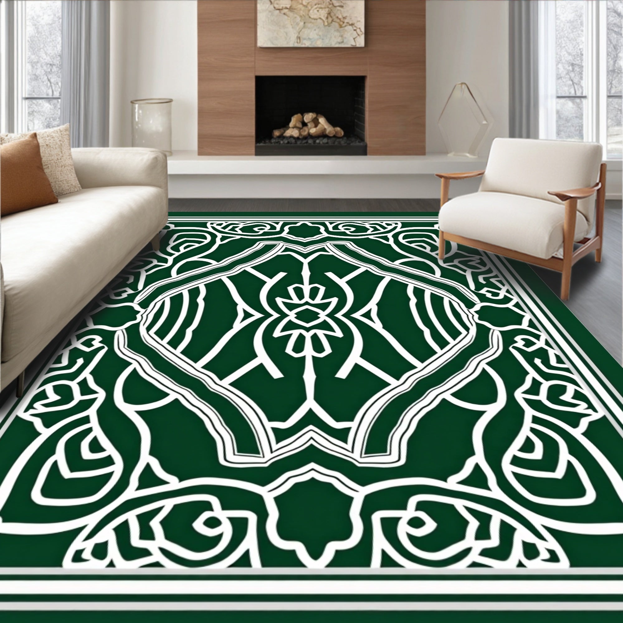 Dark Green White Classic Scroll Pattern Rug