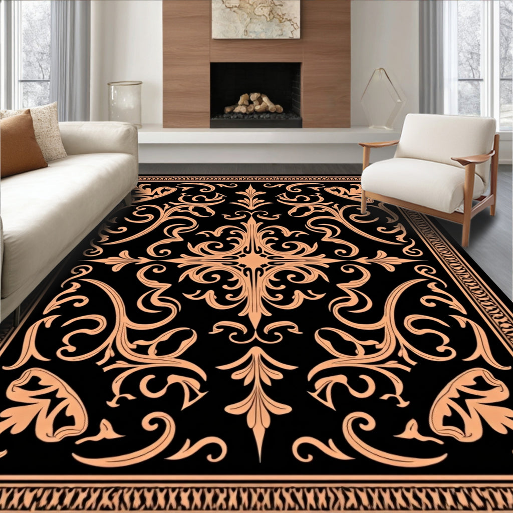 Ornate Black and Peach Flourish Design Rug