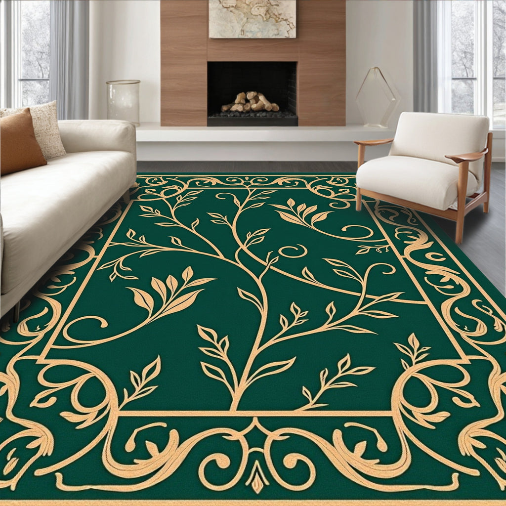 Emerald Green Golden Vine Scroll Rug