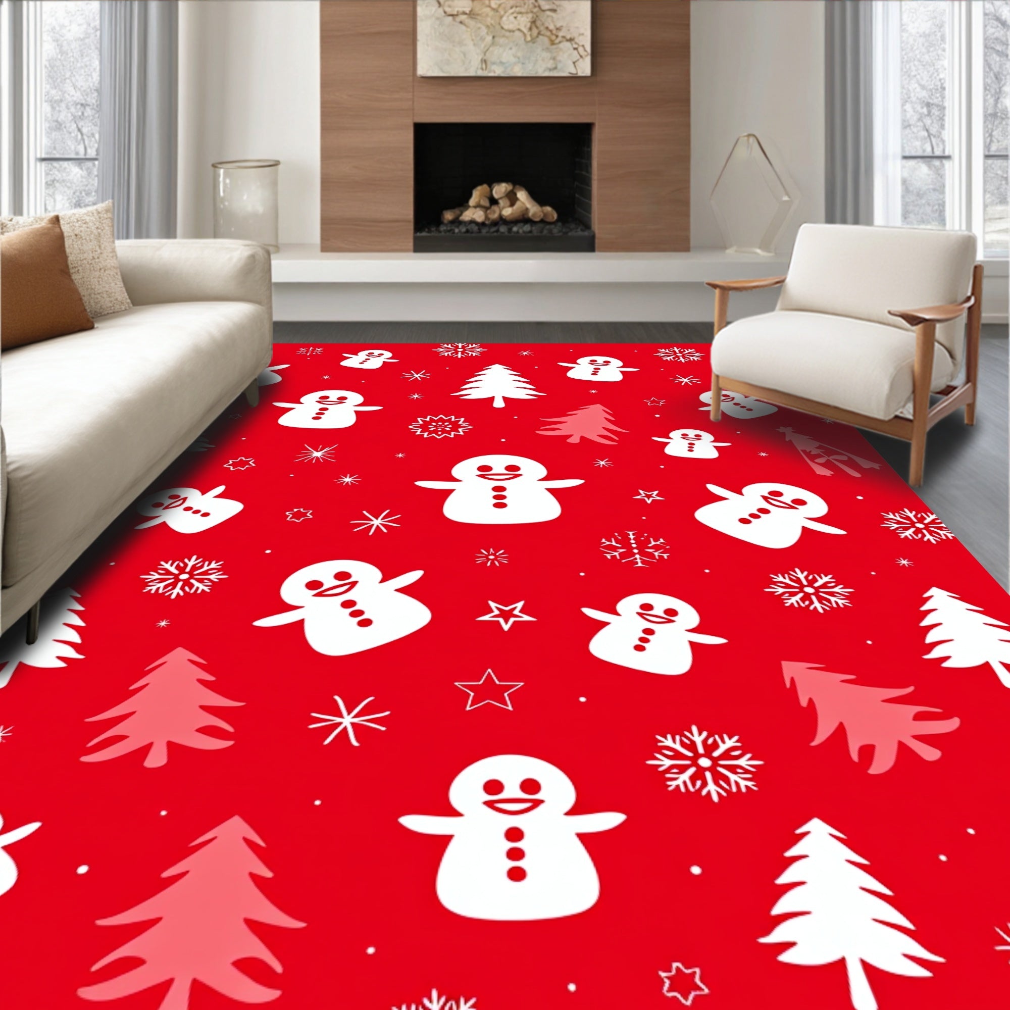 Festive Red Snowman Christmas Tree Rug