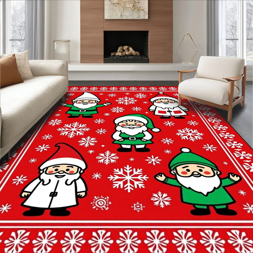 Red Santa Gnomes Snowflake Scatter Rug