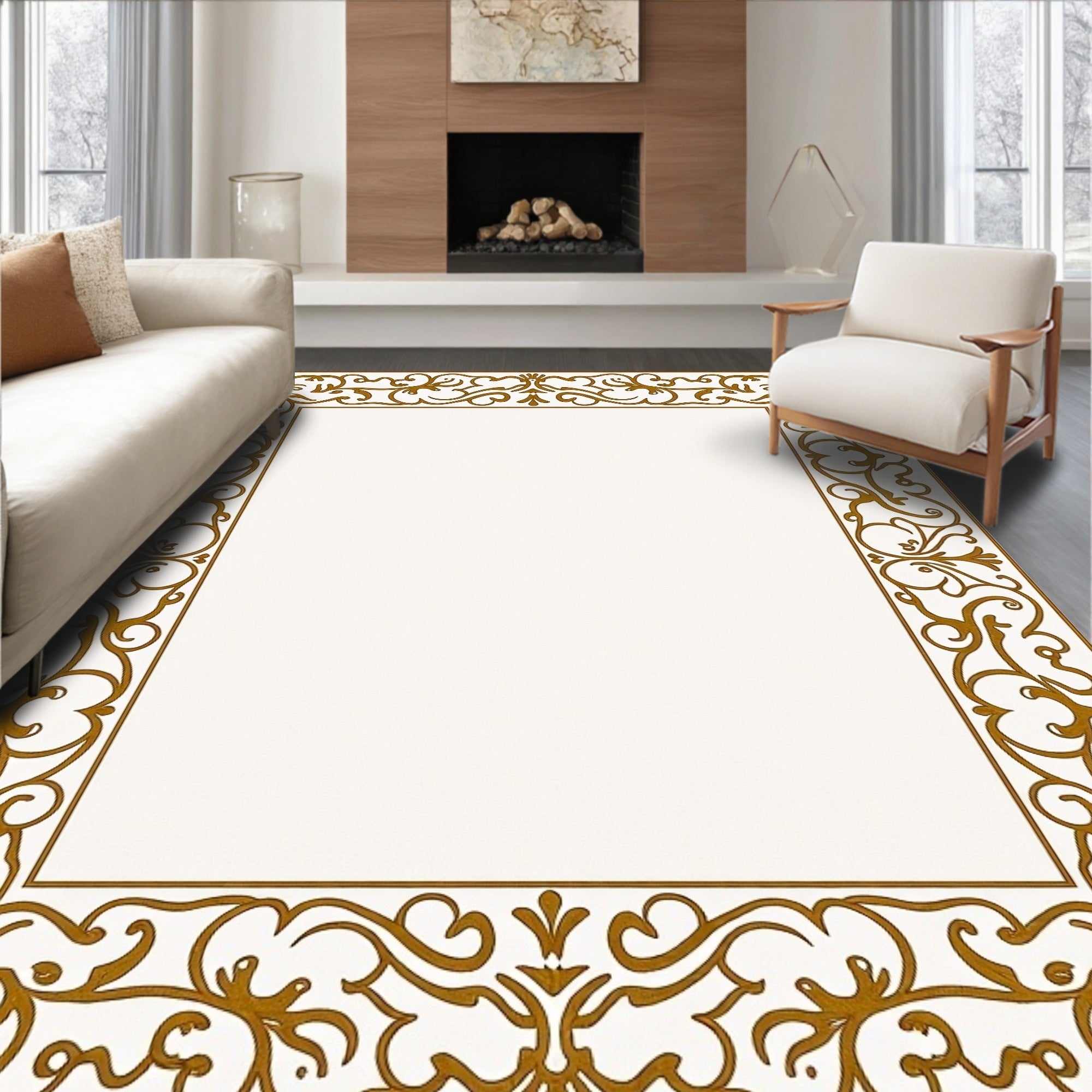 Gilded Gold Floral Scroll Frame Rug