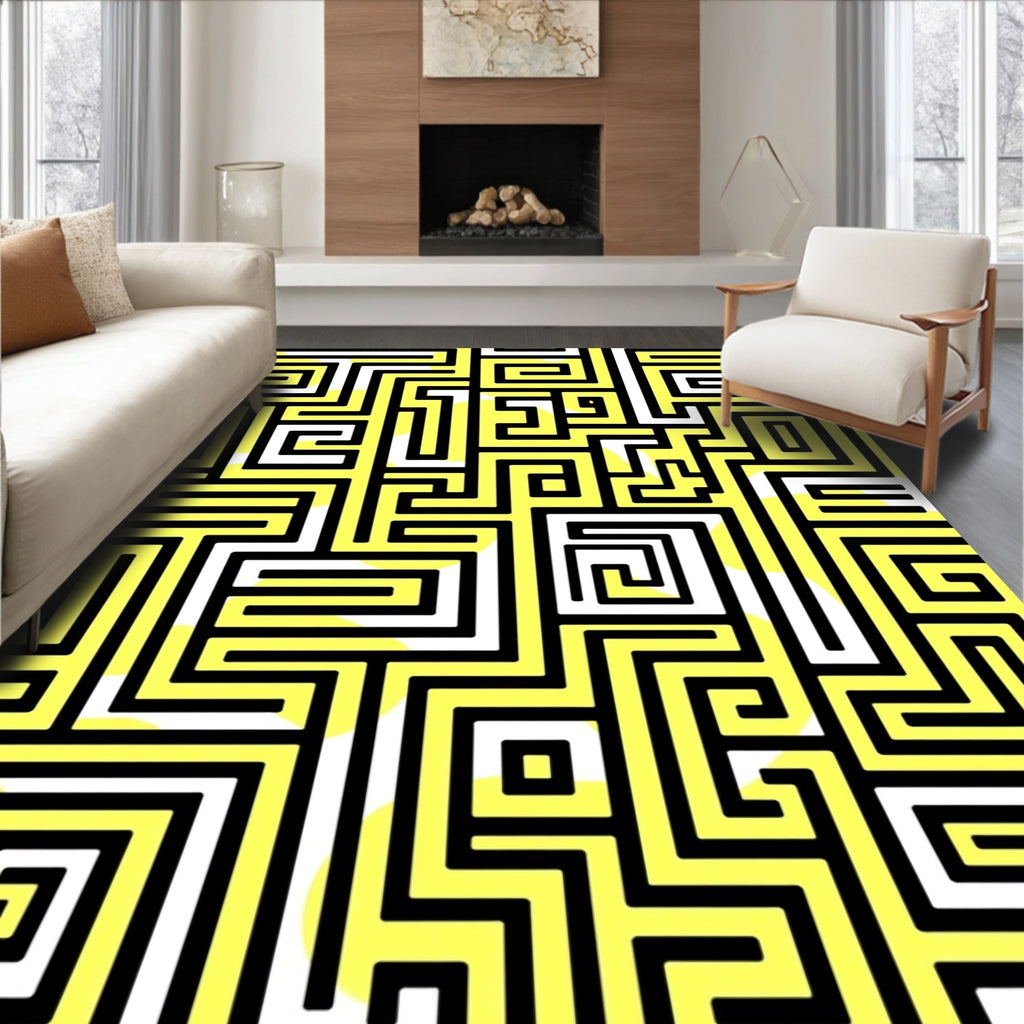 Abstract Yellow Black Maze Pattern Rug