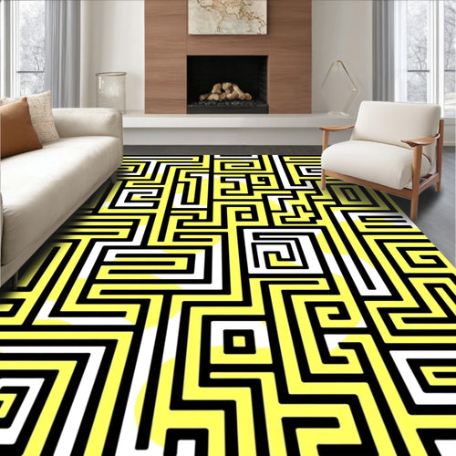 Abstract Yellow Black Maze Pattern Rug