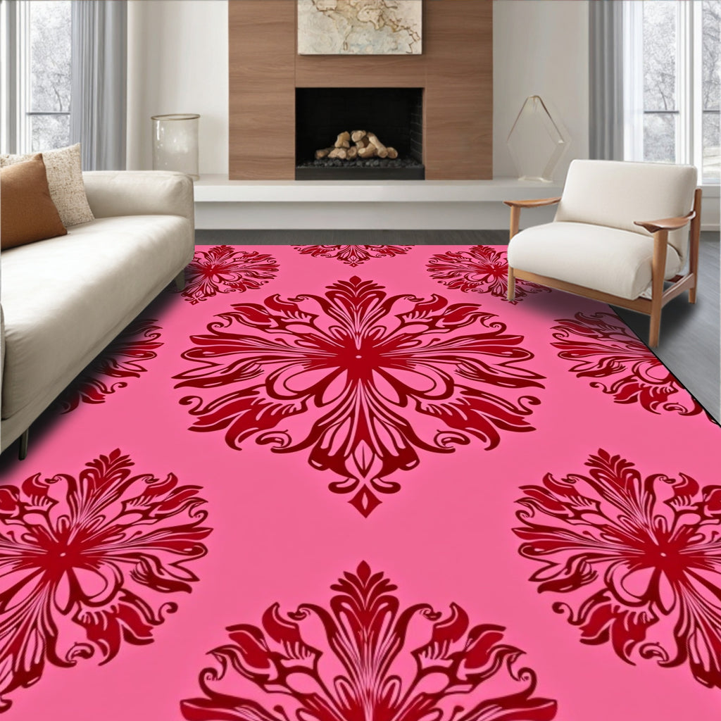 Crimson Floral Swirl Pattern Rug