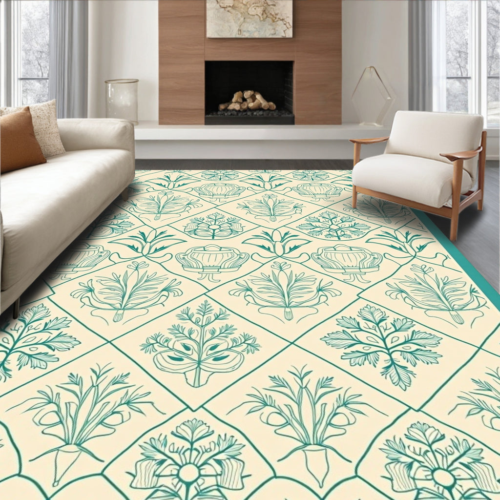 Elegant Teal Floral Lattice Pattern Rug