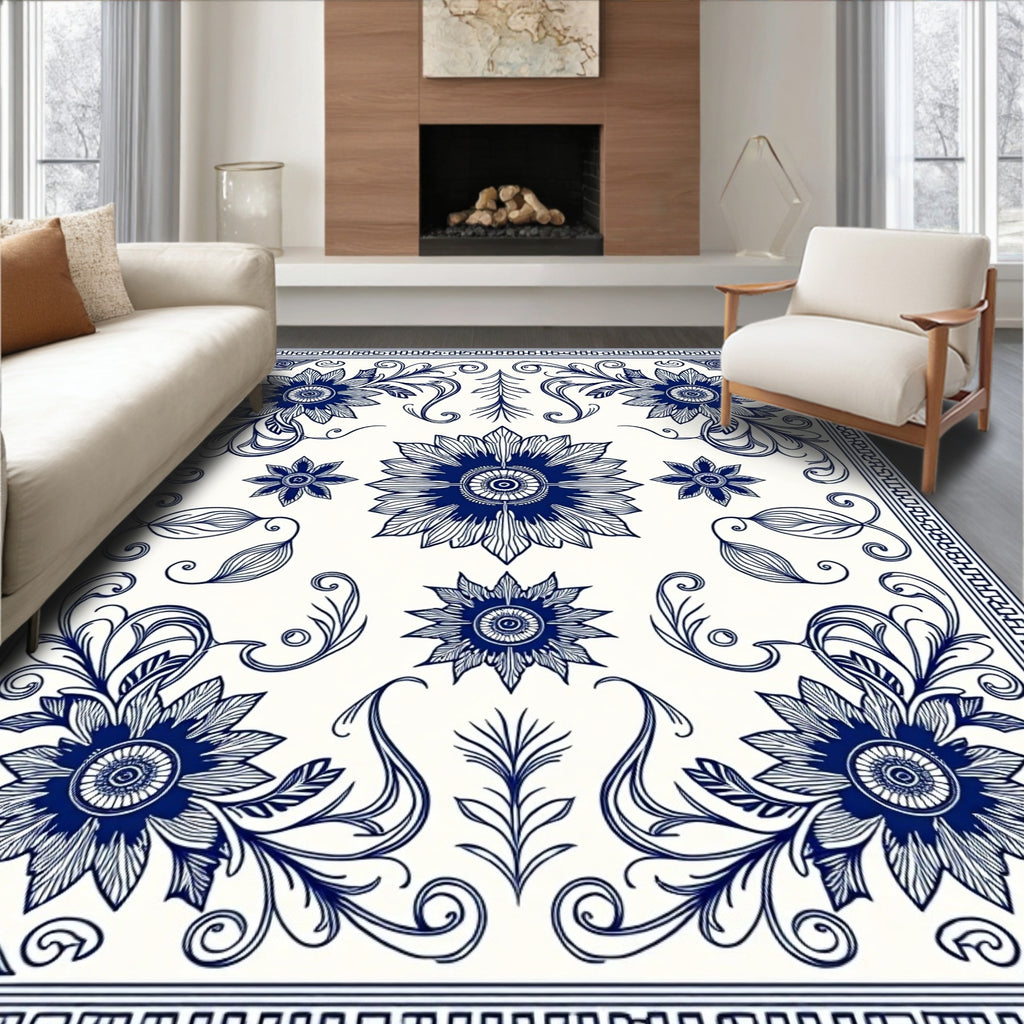Blue Floral Swirl Pattern Rug