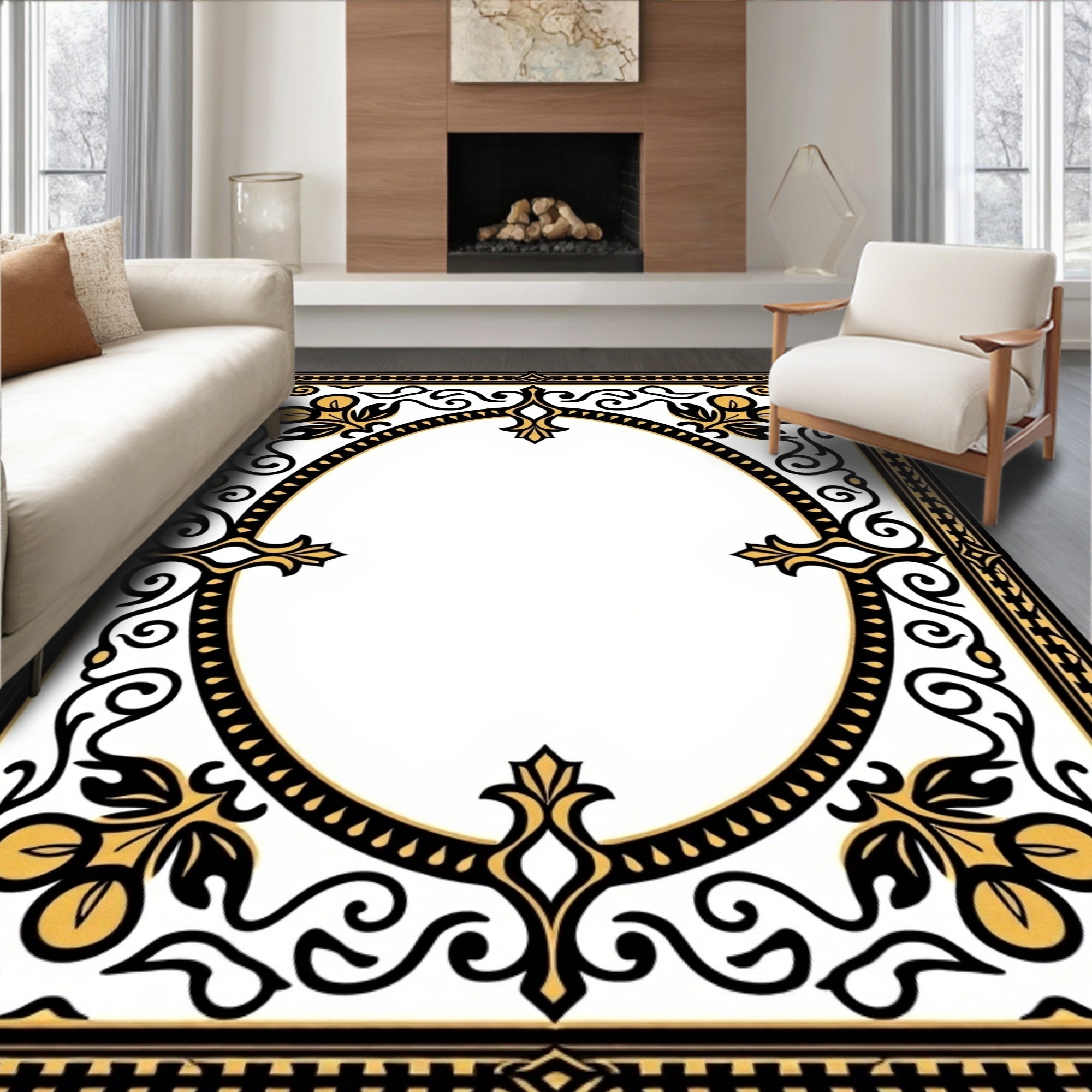 Ornate Black Gold Floral Border Rug