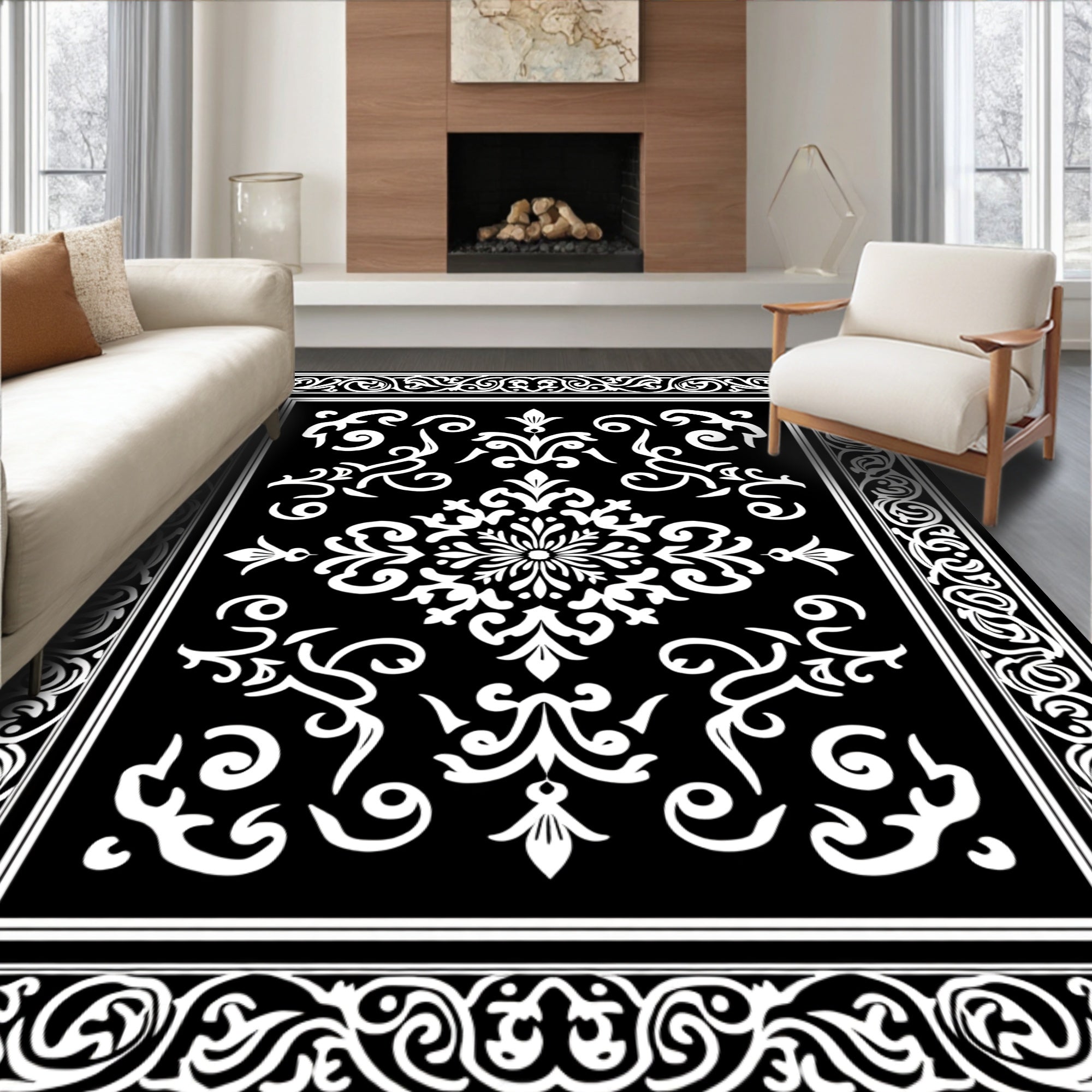 Classic Black White Damask Ornament Rug