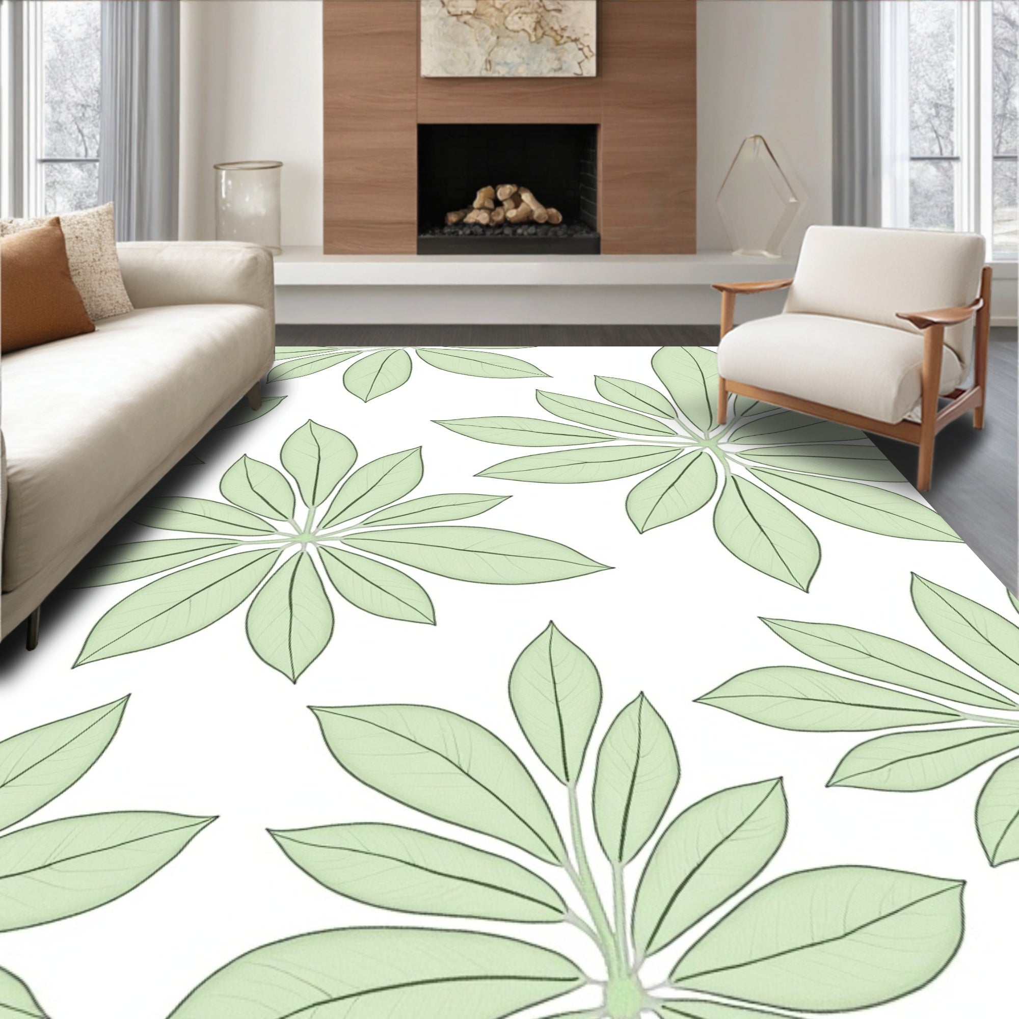 Delicate Green Leaf Pattern Rug