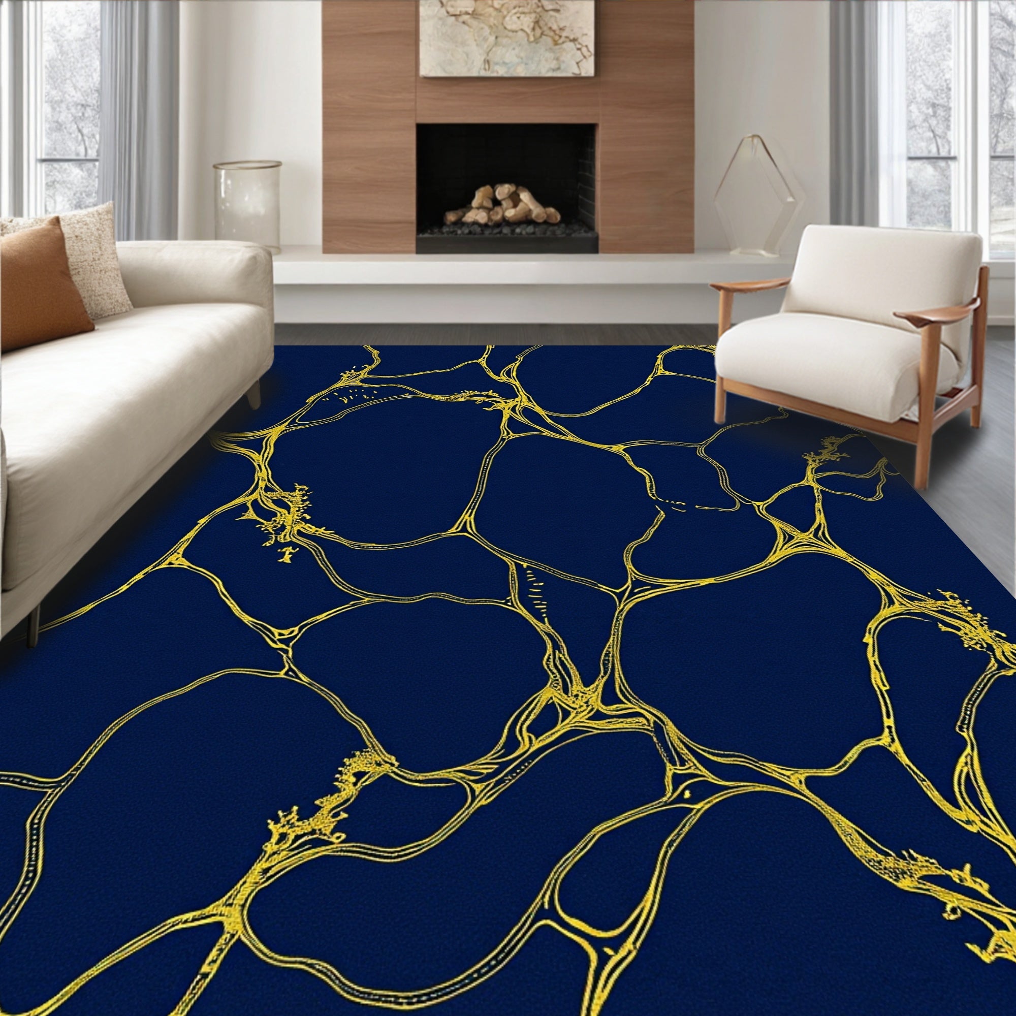 Deep Blue Gold Organic Vein Pattern Rug