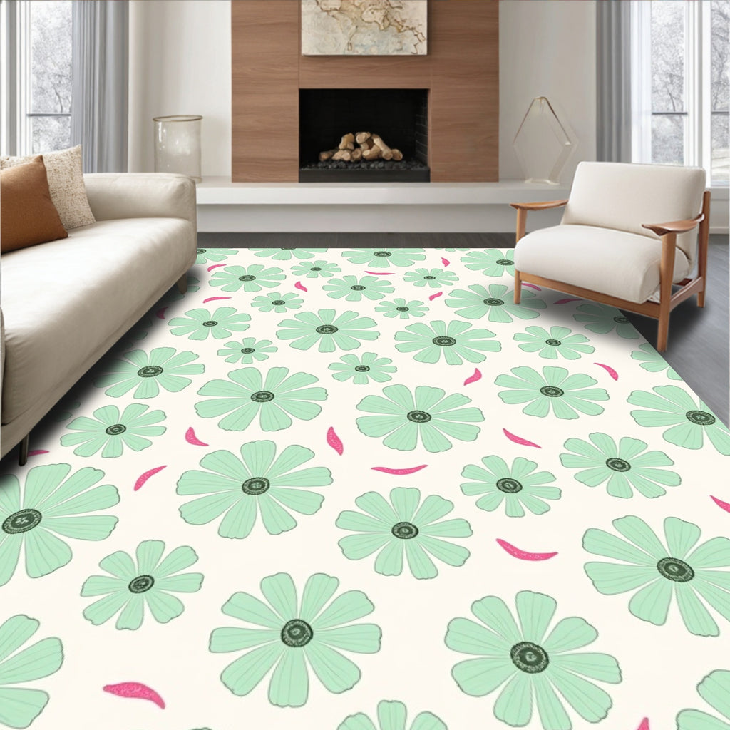 Whimsical Mint Flower Pattern Rug