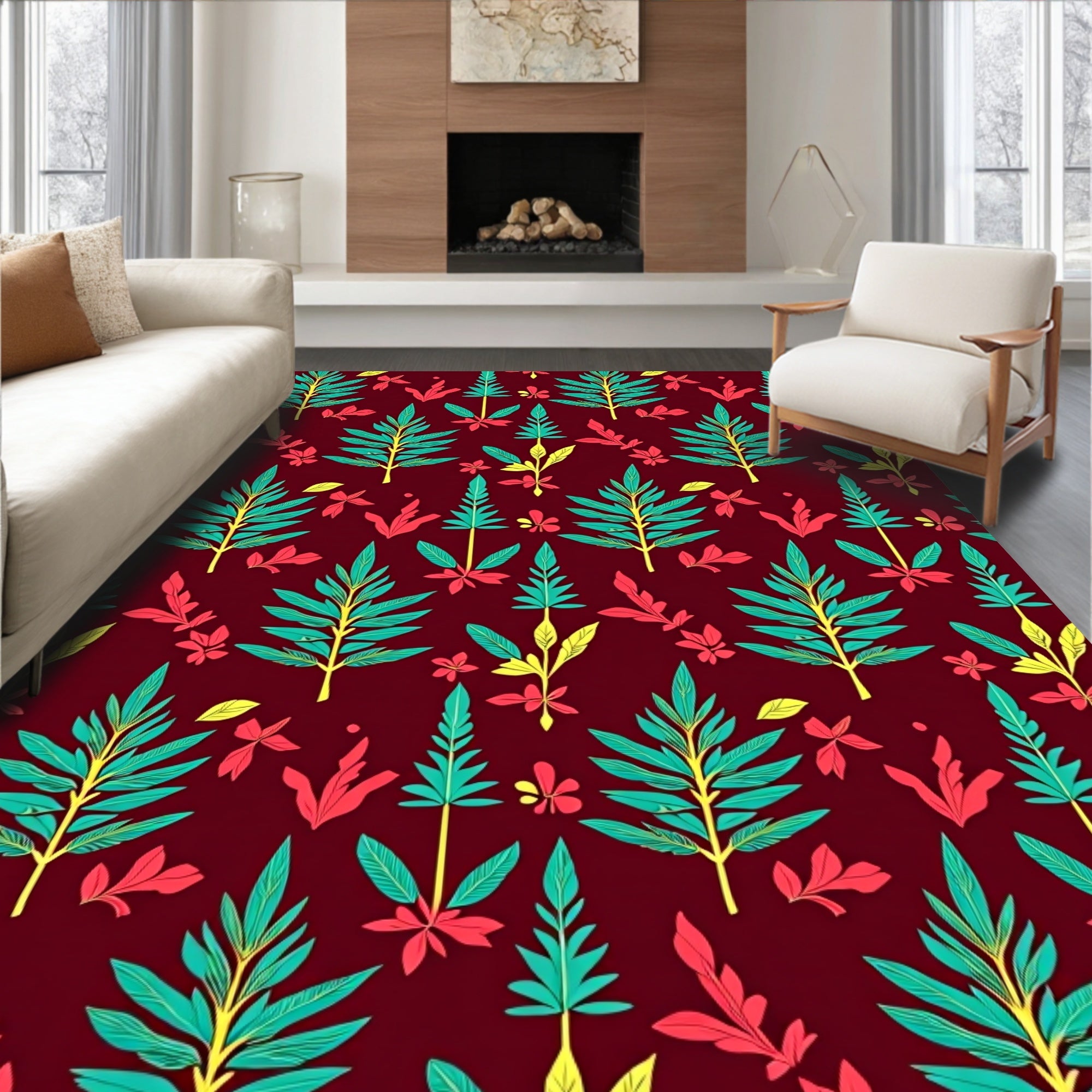 Tropical Leaf Pattern Design in Teal Rug