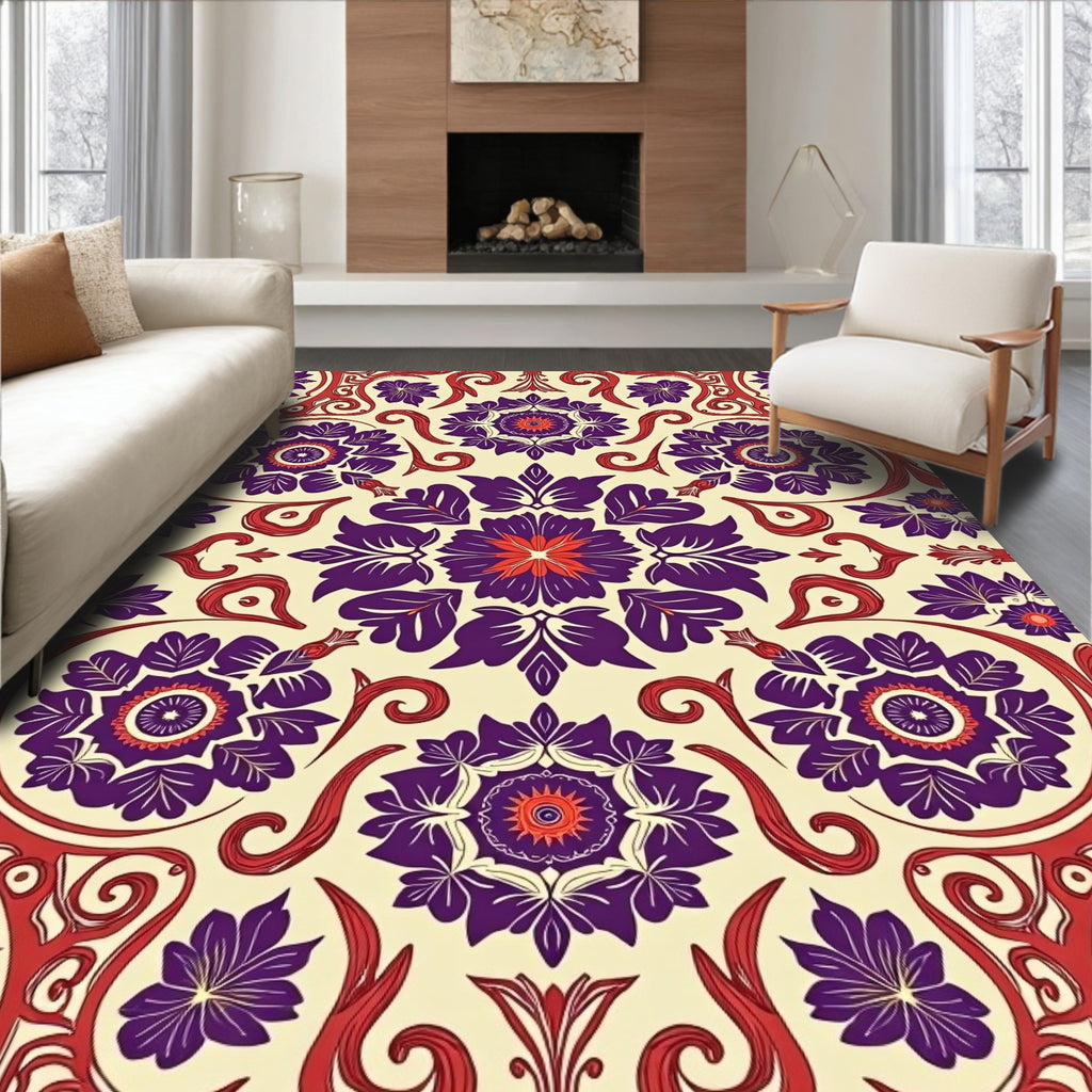 Ornate Floral Patterned Red Purple Rug