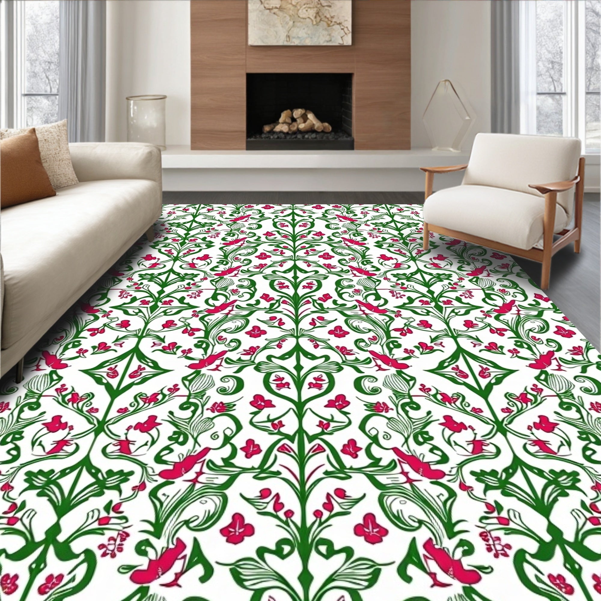 Vibrant Floral Vine Bird Pattern Rug