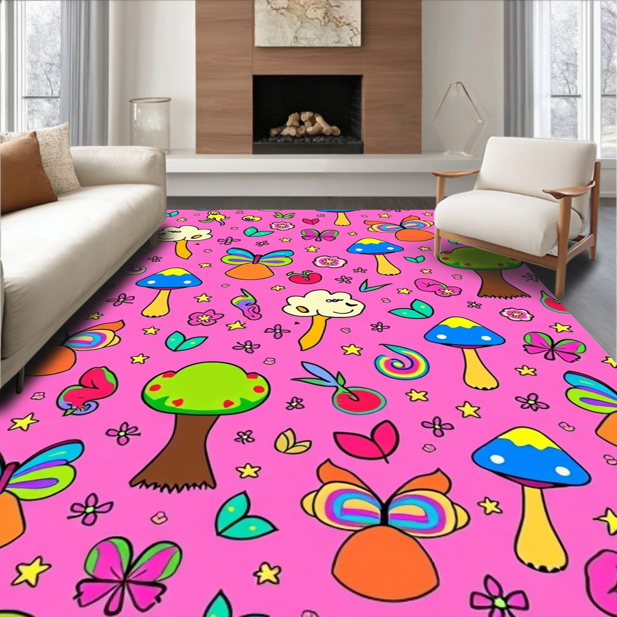 Whimsical Woodland Butterfly Mushroom Pattern Rug