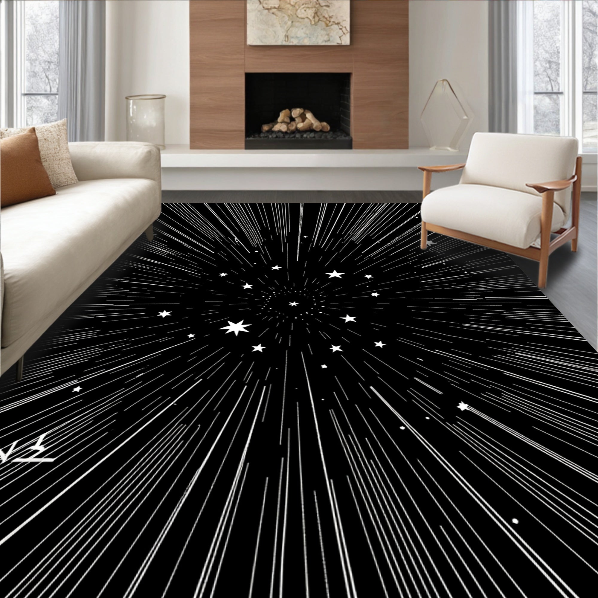 Cosmic Starburst Tunnel With White Stars Rug
