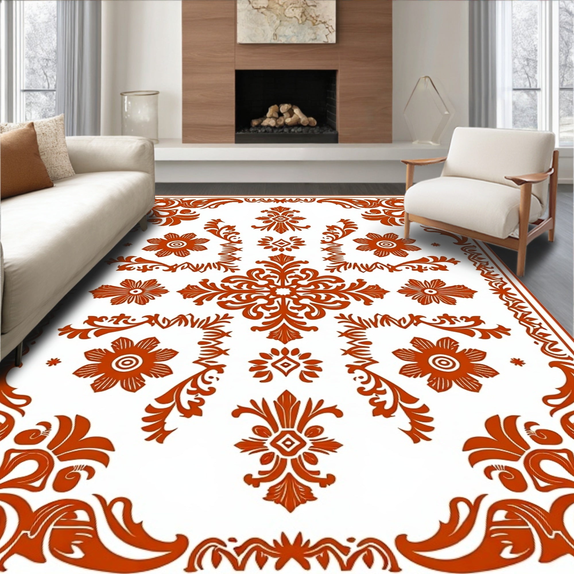 Ornate Floral Scrollwork In Red Rug