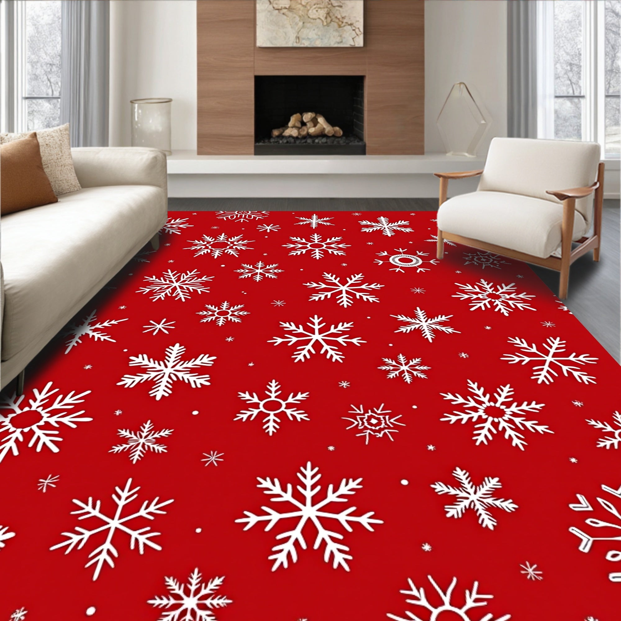 Winter Snowflake Pattern Red Rug