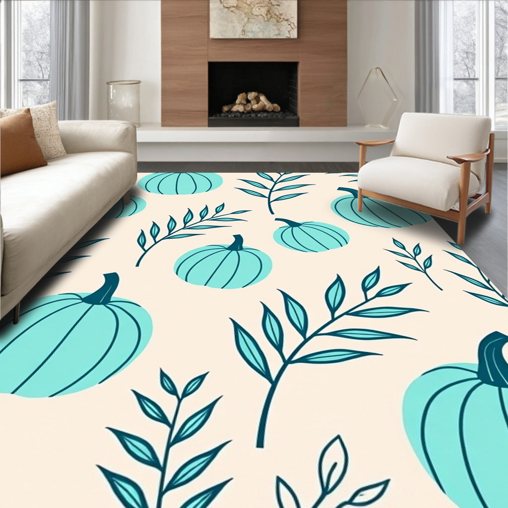 Teal Pumpkin And Leaf Pattern Rug