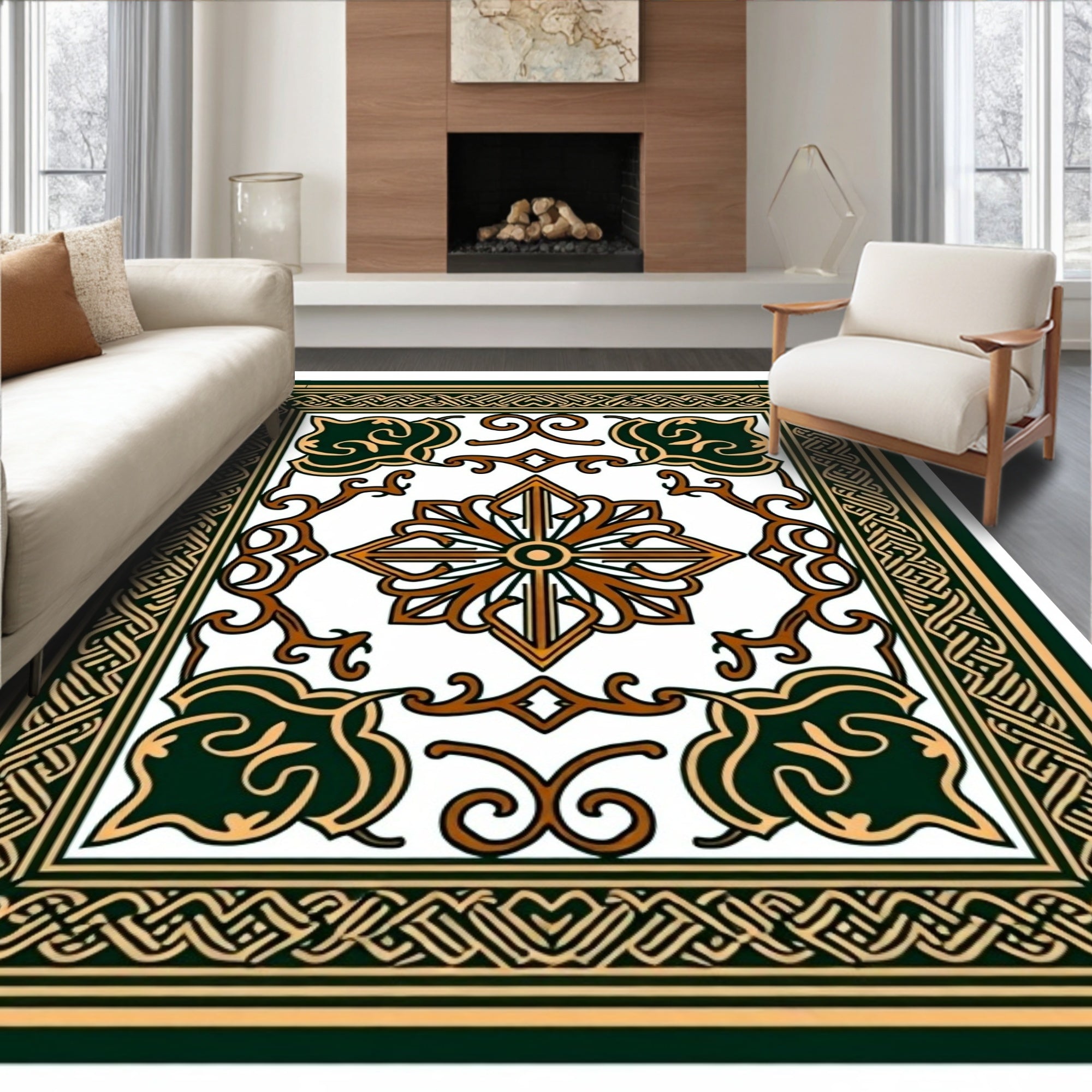 Ornate Emerald Gold Celtic Pattern Rug