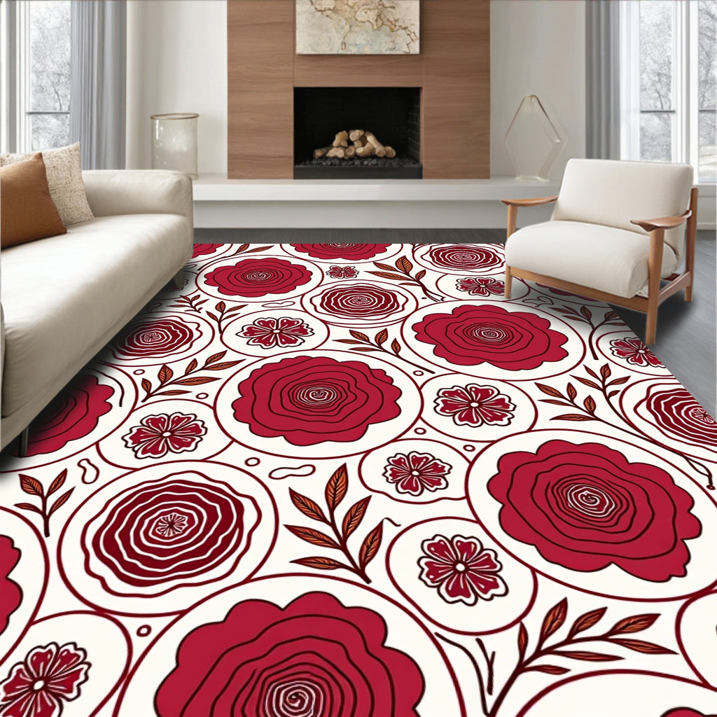 Bold Red Floral Circle Pattern Rug