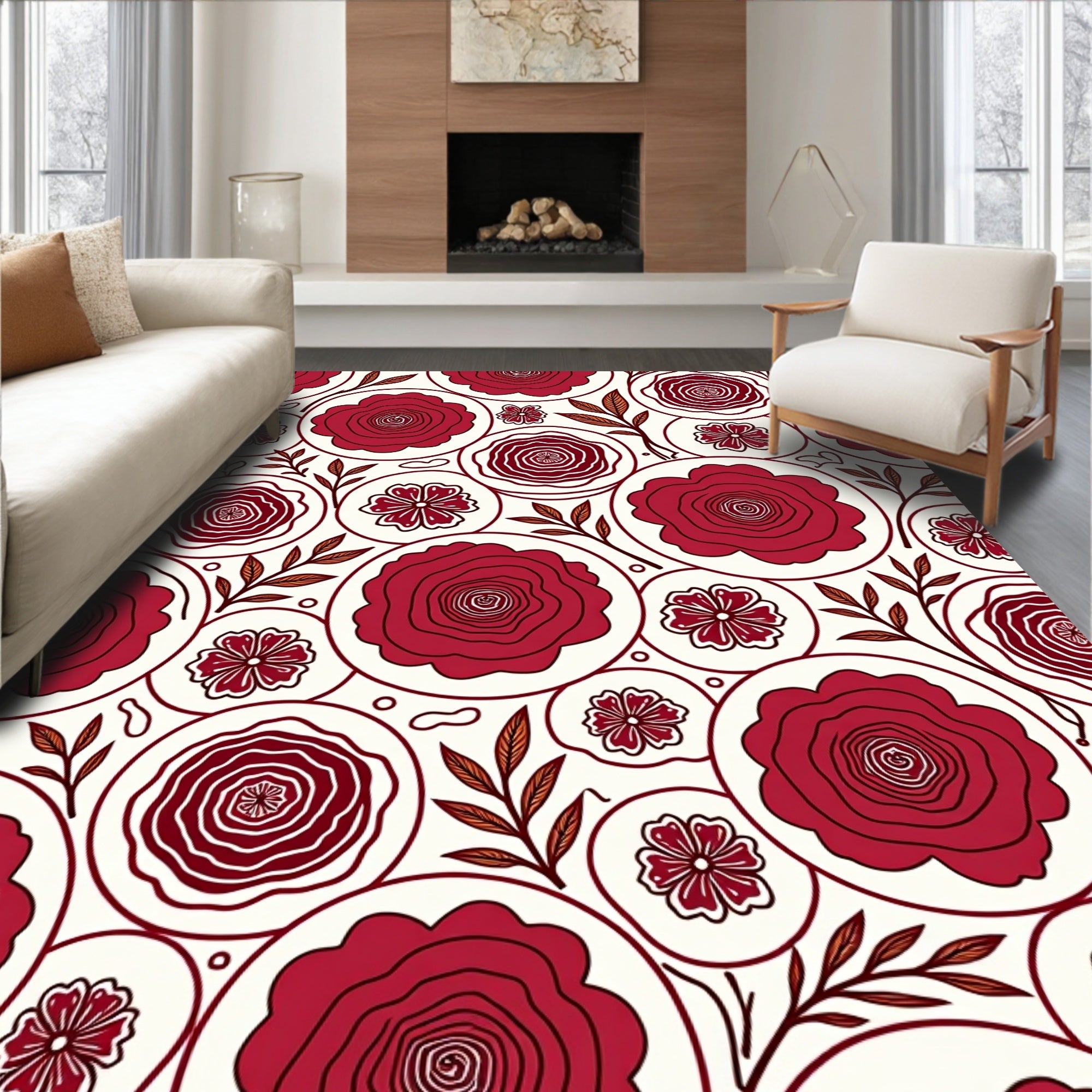 Bold Red Floral Circle Pattern Rug