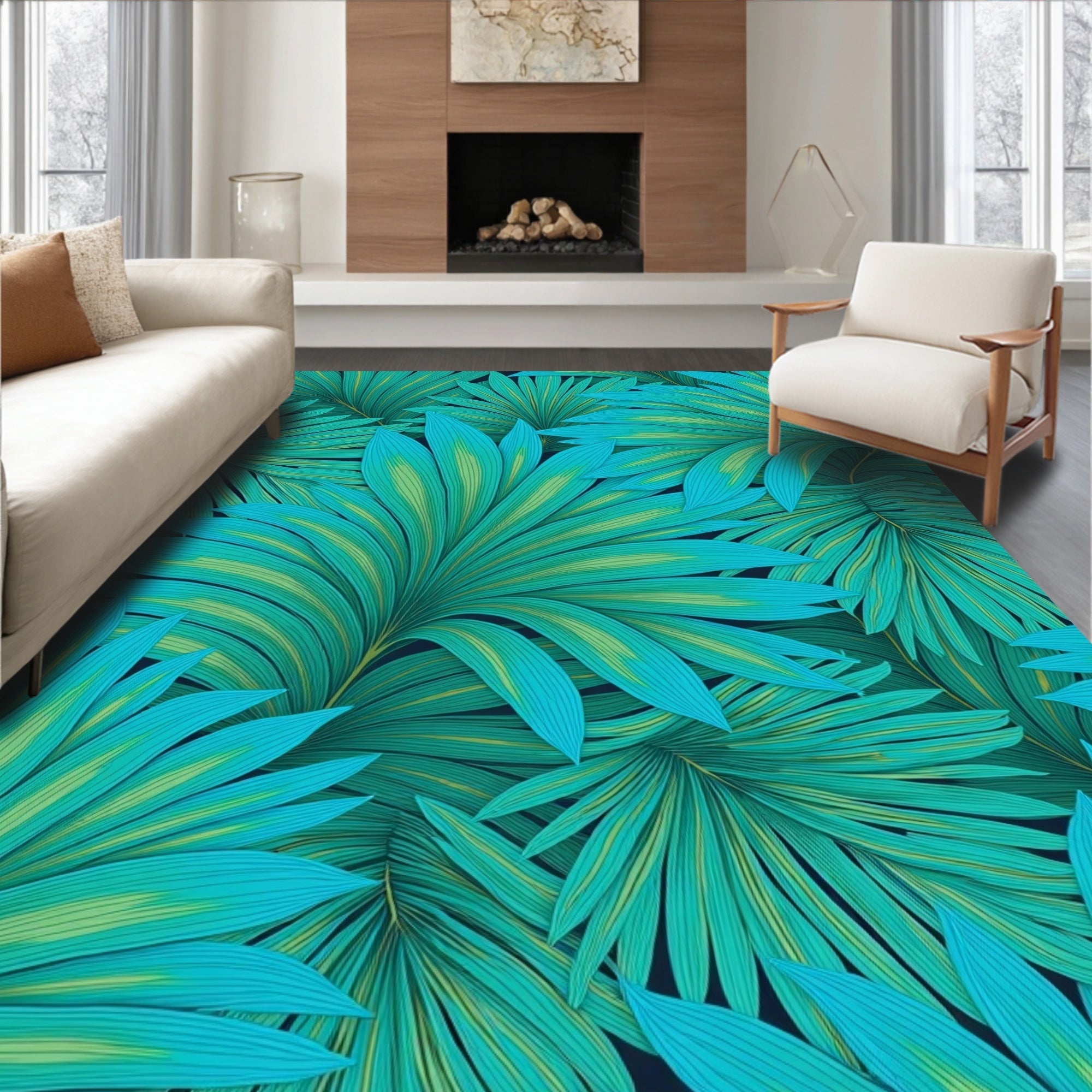 Tropical Leaf Pattern Accent Rug
