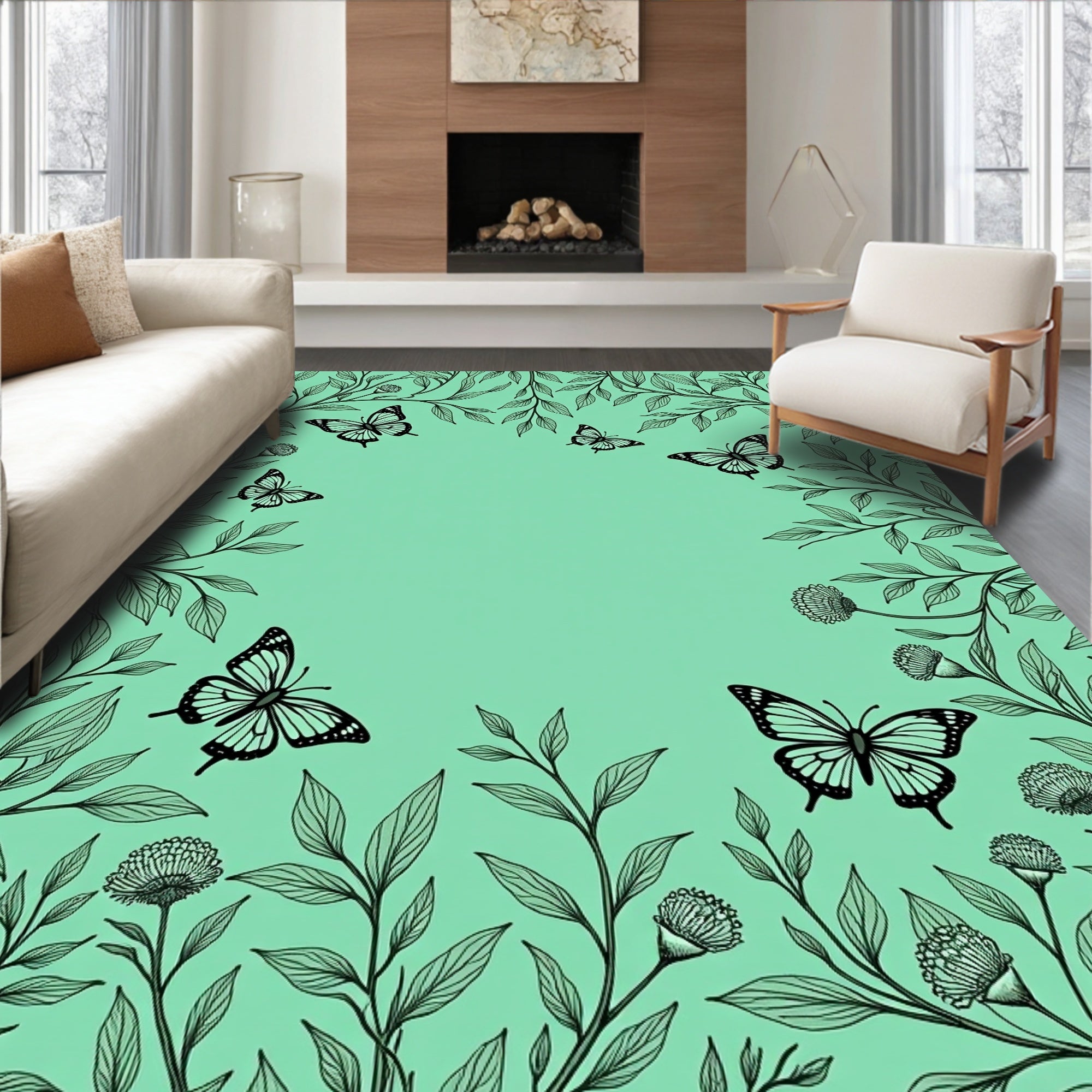 Botanical Butterfly Sketch Pattern Rug