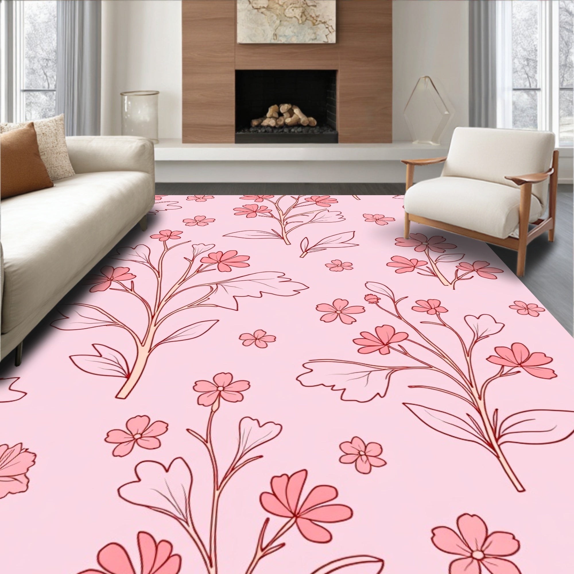 Pink Delicate Floral Branch Pattern Rug