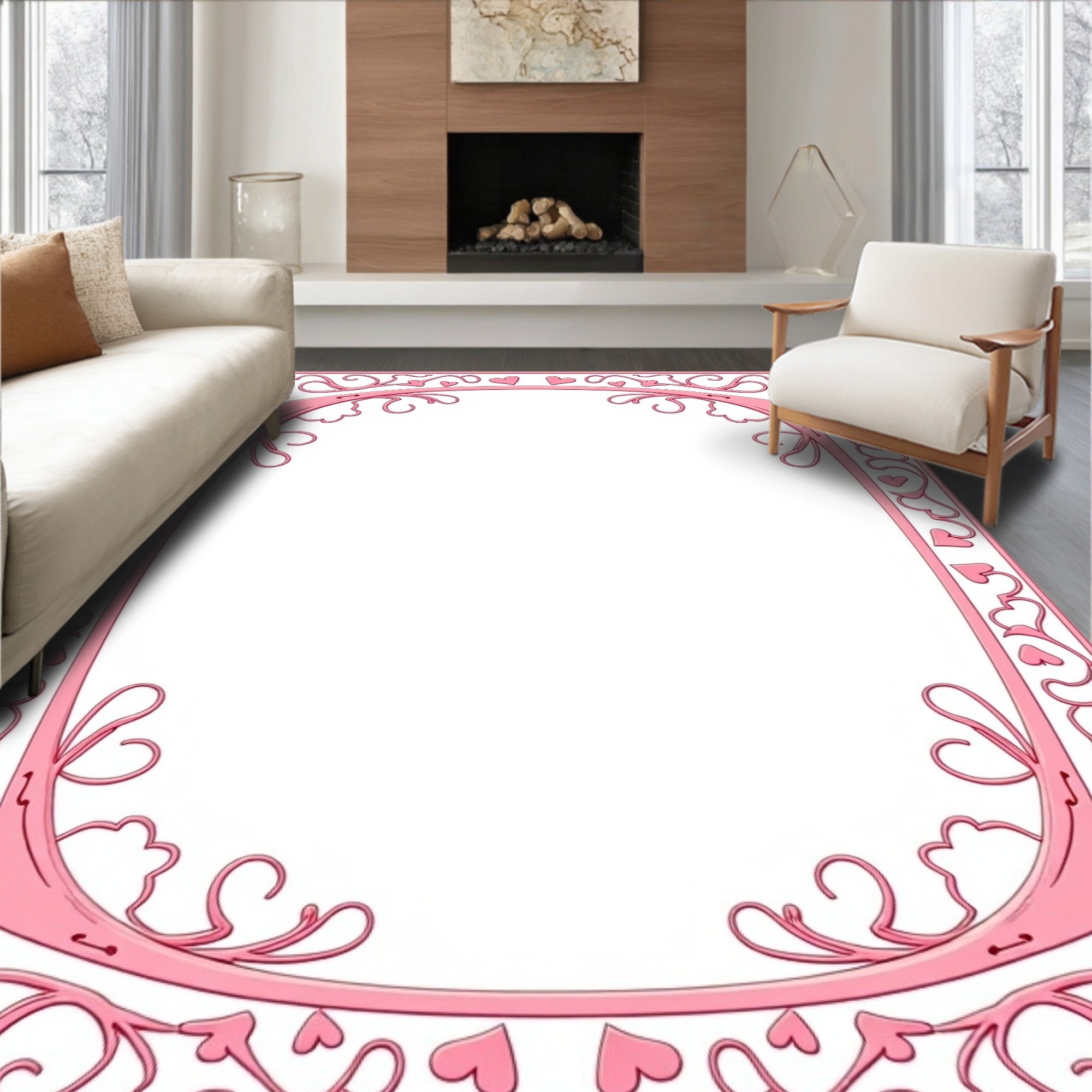 Romantic Pink Heart Swirl Border Rug