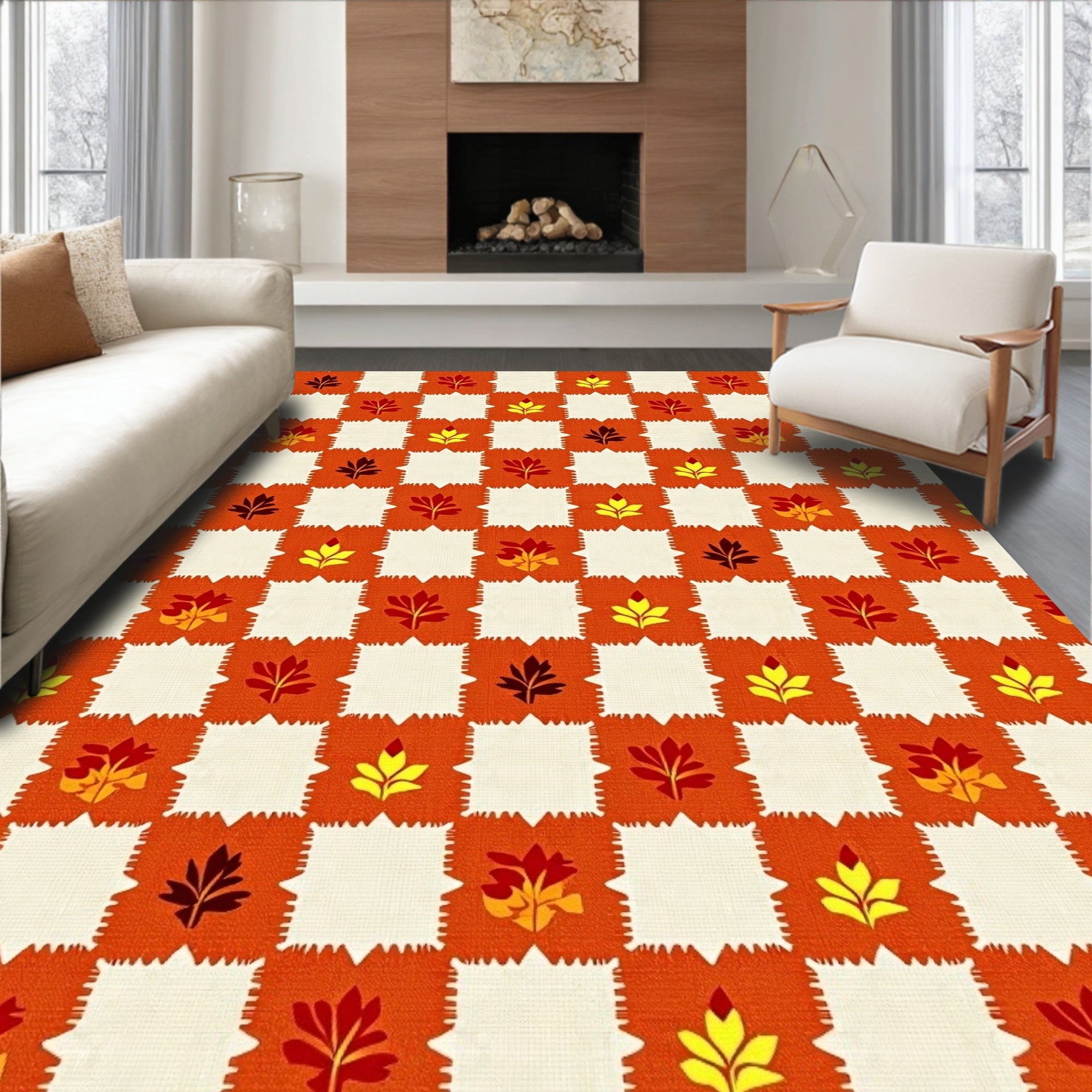 Autumn Leaves Gingham Square Pattern Rug